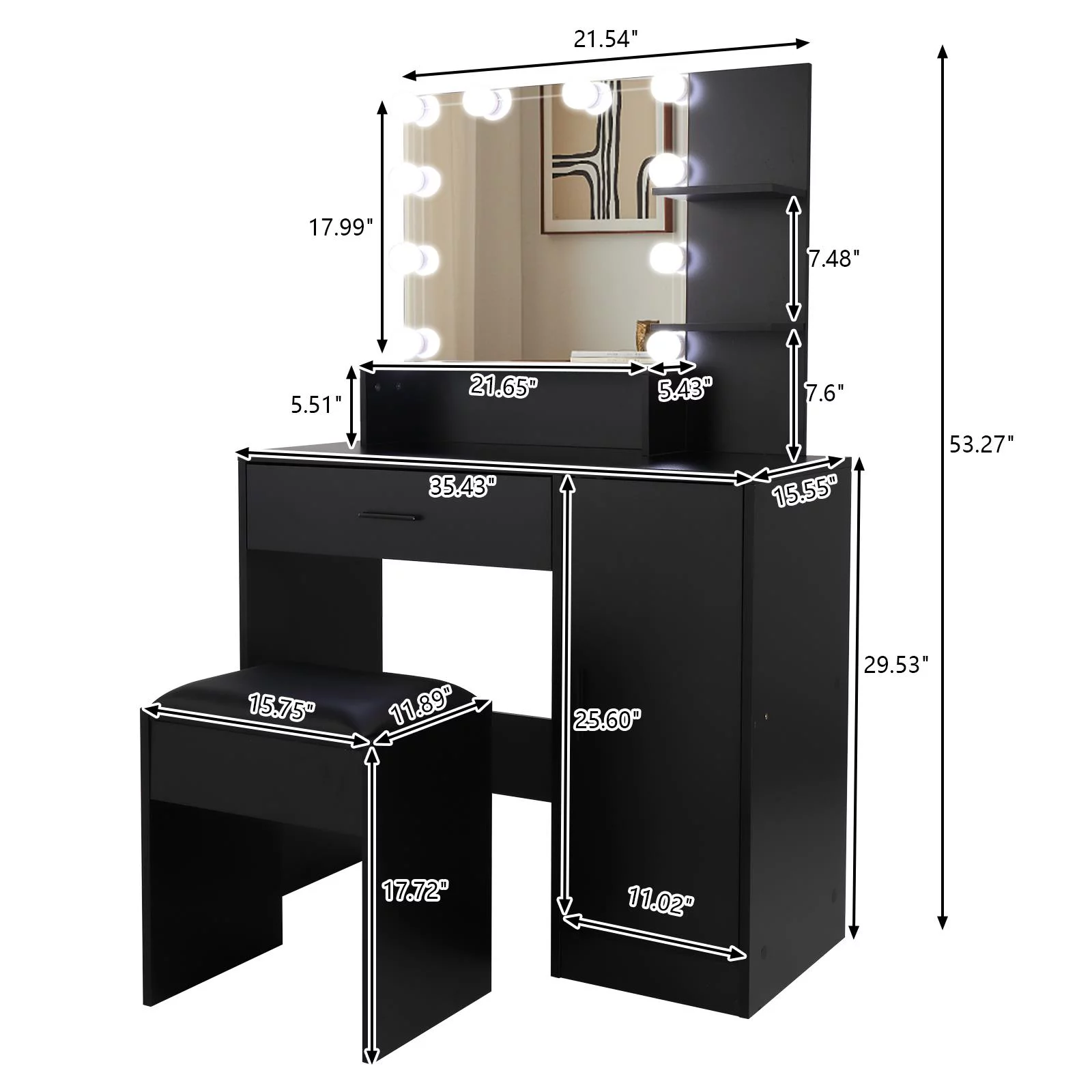 Ktaxon Vanity Table Set with Lighting, Makeup Table with Lighted Mirror Storage Drawers, Dressing Vanity Tables, Dresser Desk for Girls, Women, Black