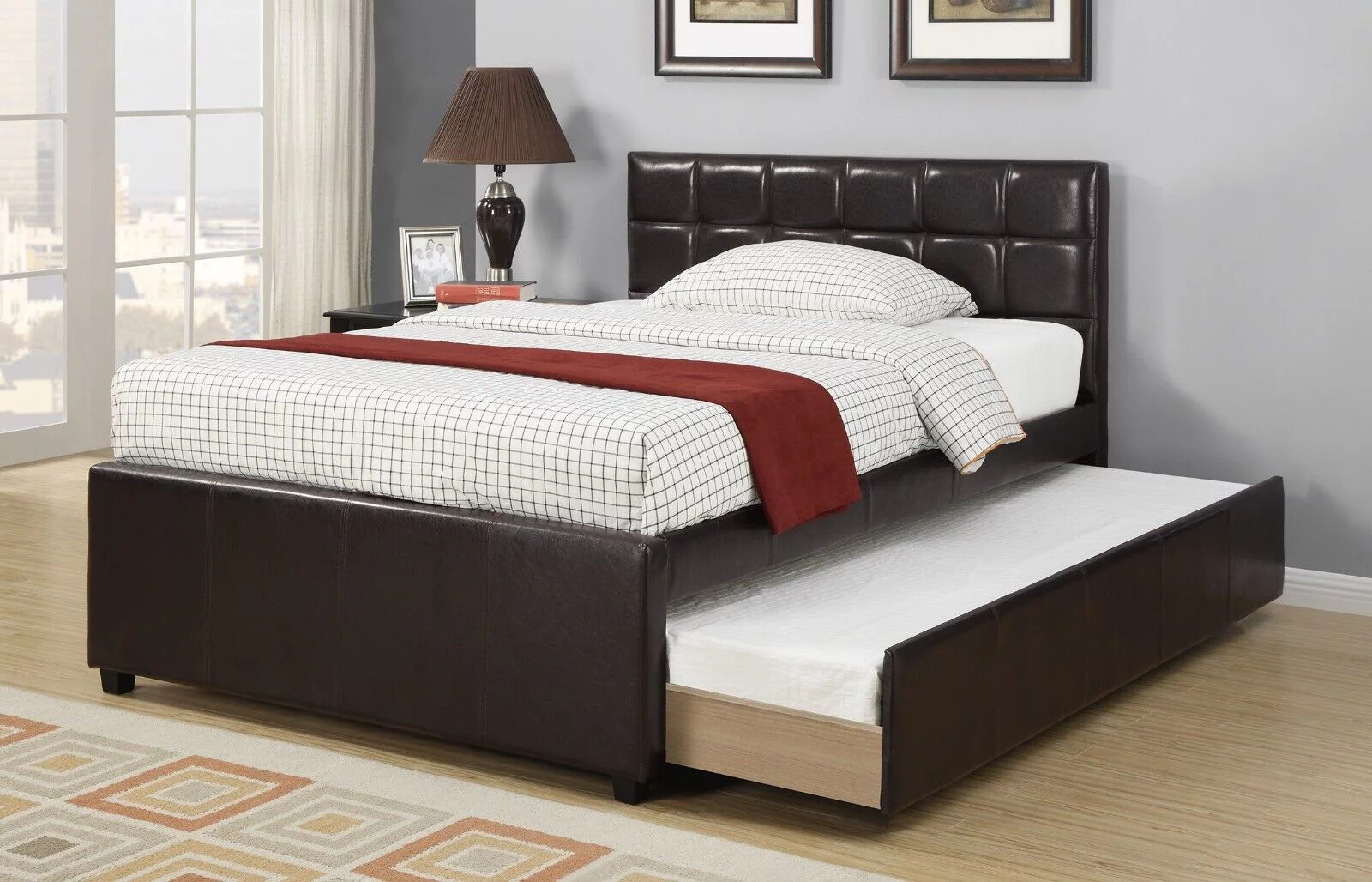 Modern Youth Bedroom Full Size Bed W Trundle Espresso Faux Leather Upholstered Squared Box Headboard 1pc Bed Furniture