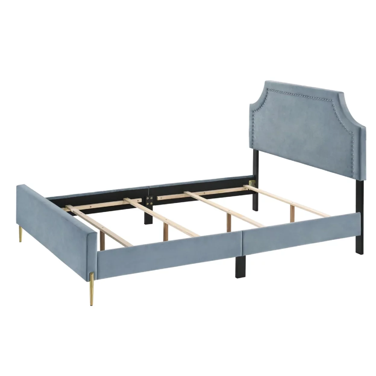 Pia Platform King Upholstered Bed with Chiseled Corners, Blue, Gold- Saltoro Sherpi