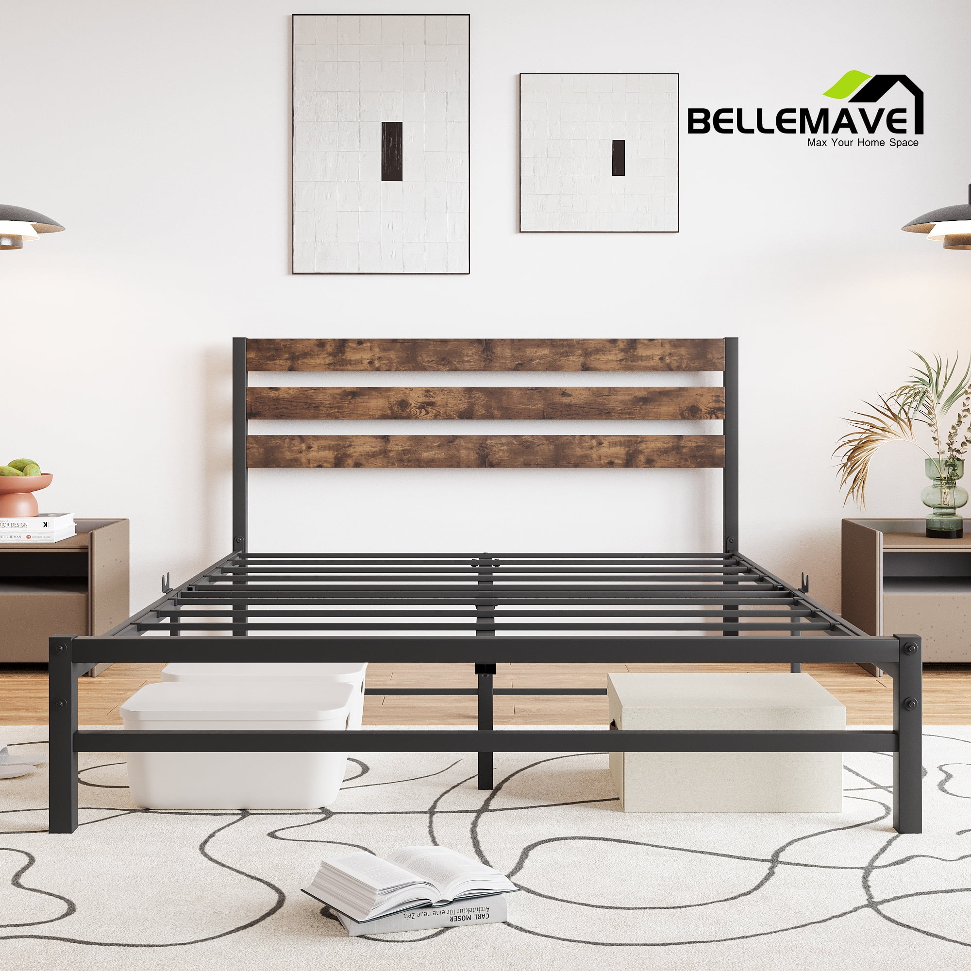 Bellemave Queen Size Platform Frame Bed With Wood Slat Headboard, Center Legs and Metal Slats, Vintage Metal Platform Bed For Adults, Teens, No Box Spring(Brown)