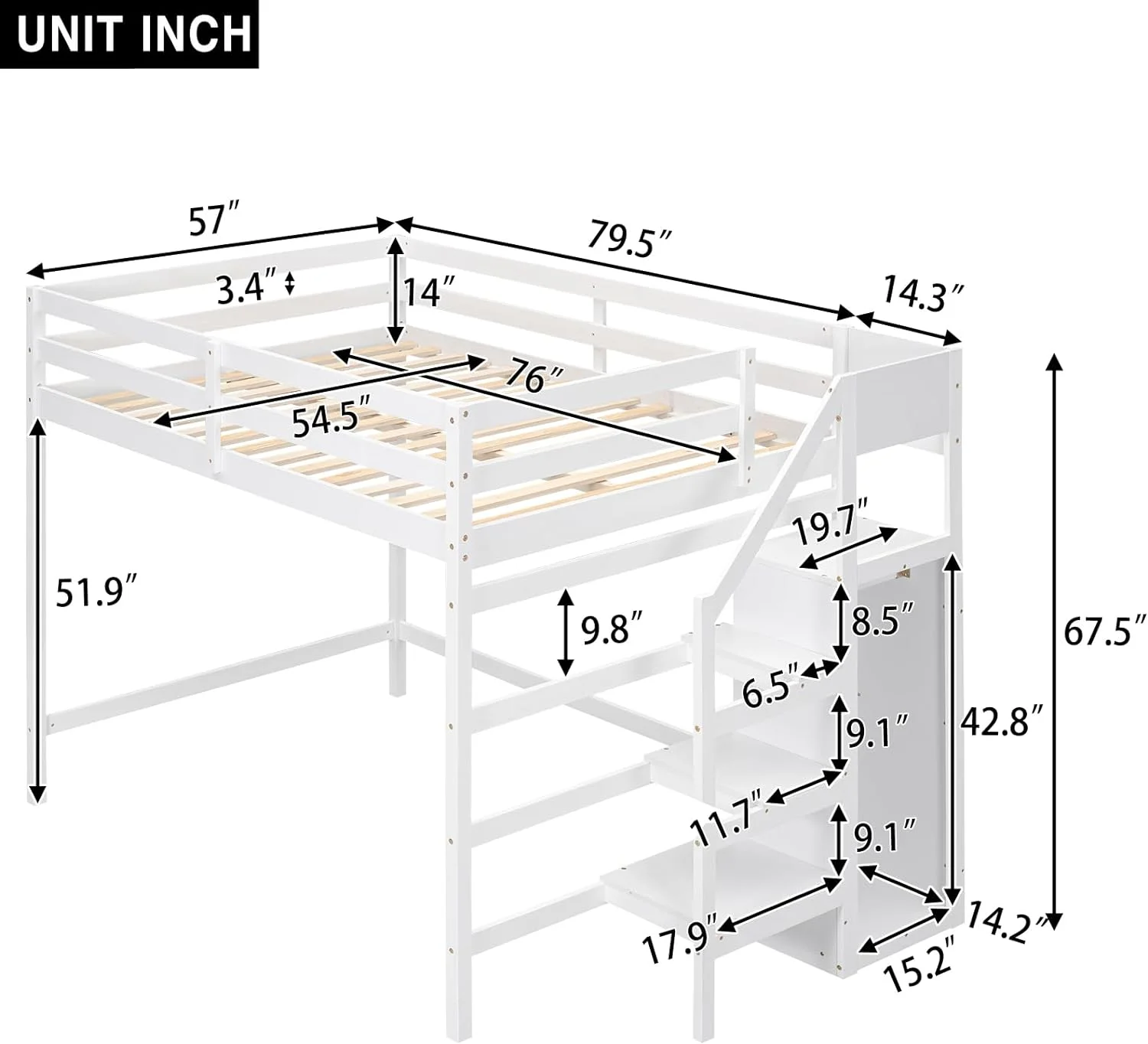 Full Size Lof Bed Wih Sairs, Woode Lof Bed Frame Wih Sorage Bookcase Ad Wardrobe Whie Lof Beds For Kids Boys Girls ees Dorm Bedroom