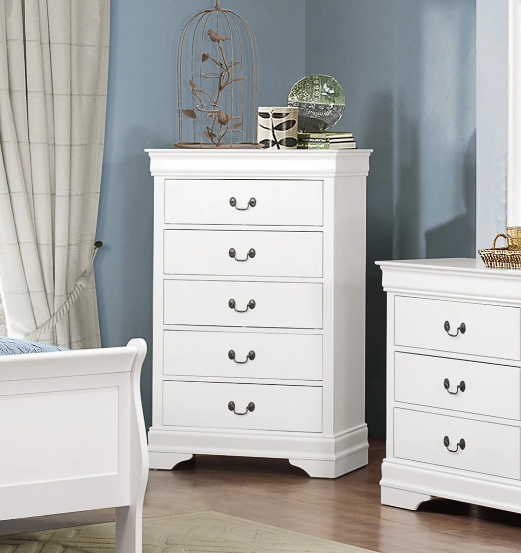 ikayaa Traditional Design White Finish 1pc Chest of 5 Drawers Drop Handles Drawers Bedroom Furniture