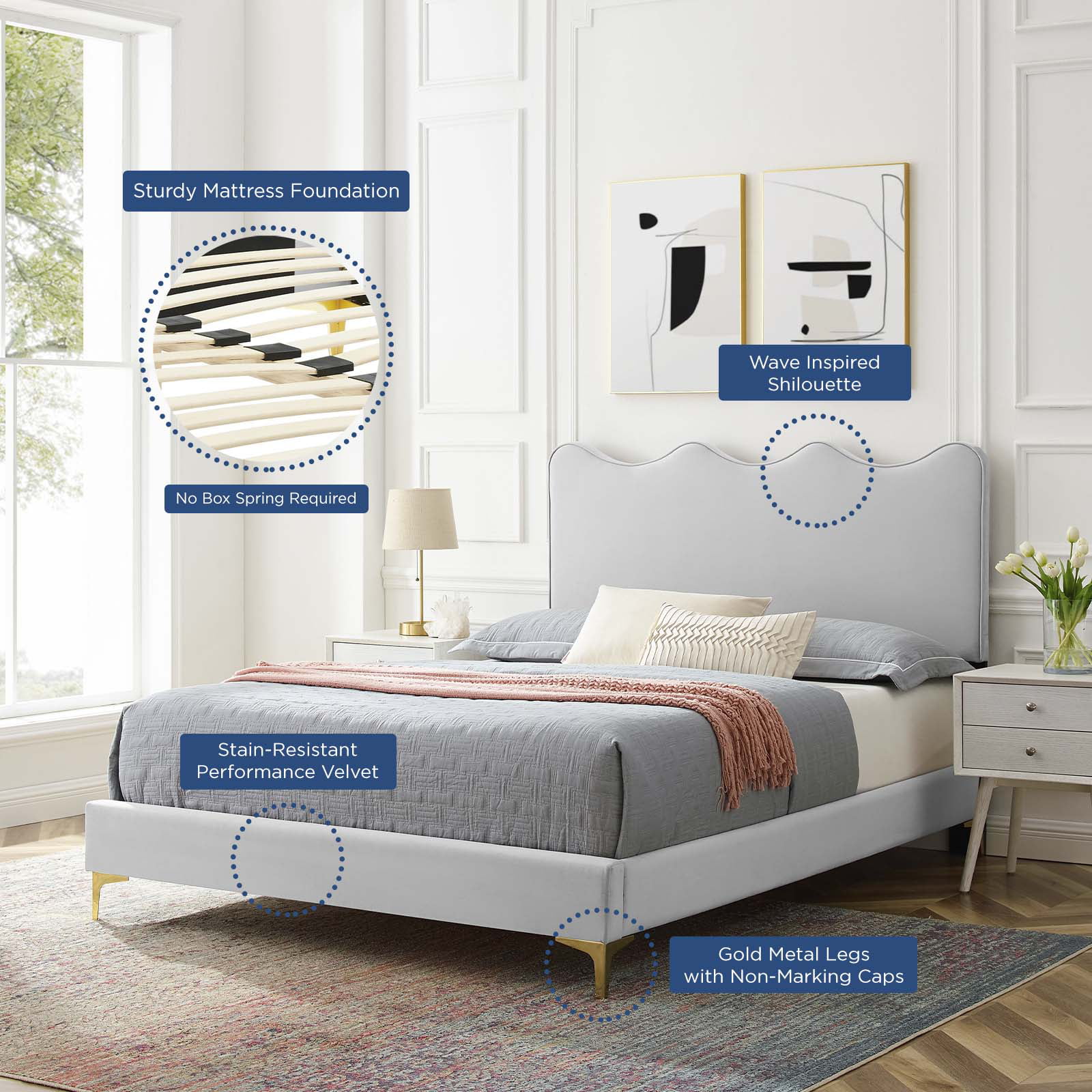 Platform Bed Frame, King Size, Grey Gray, Velvet, Modern Contemporary, Bedroom Master Guest Suite Room