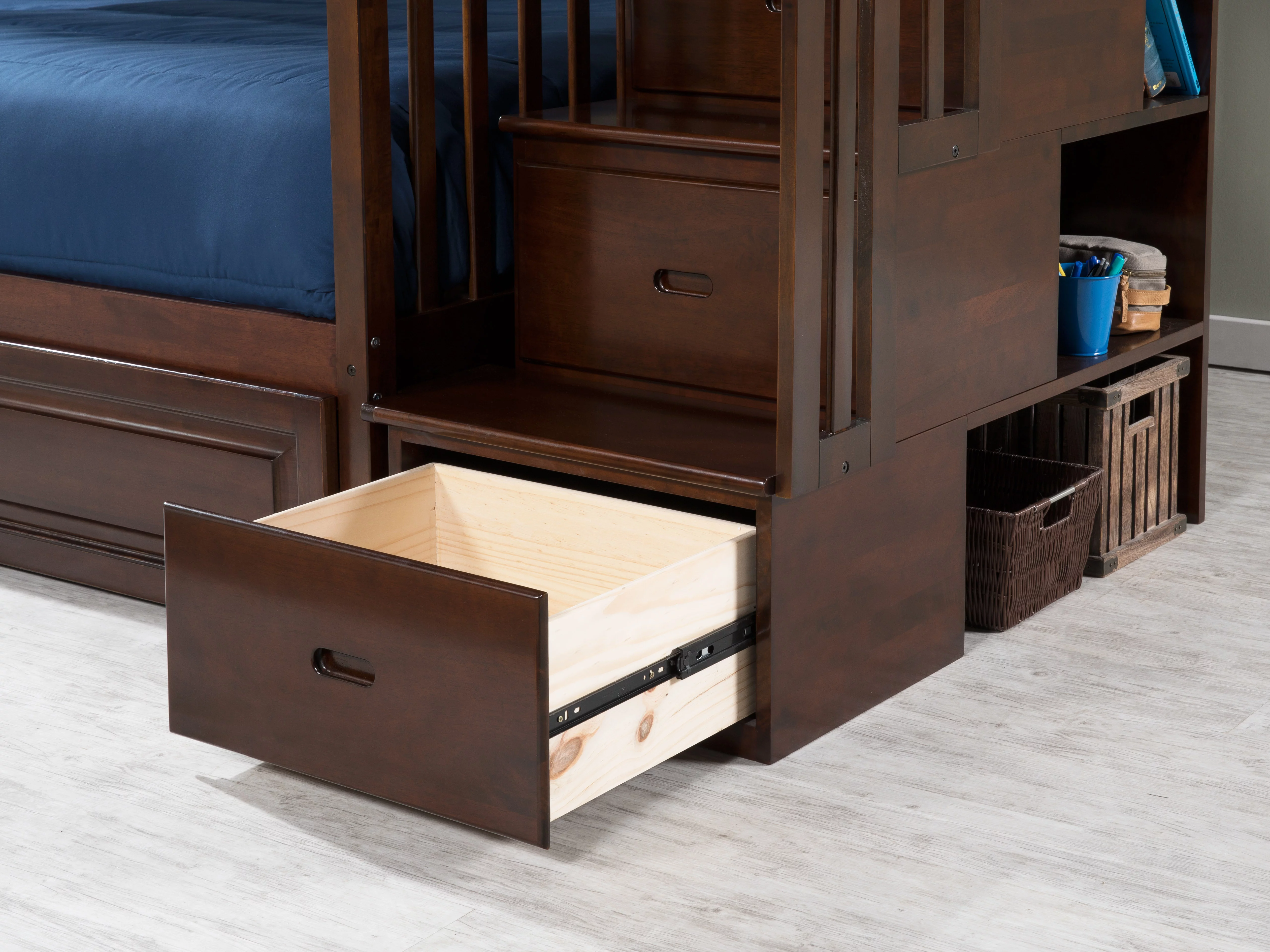 Columbia Staircase Bunk Bed Twin over Full with Twin Size Raised Panel Trundle Bed in Walnut