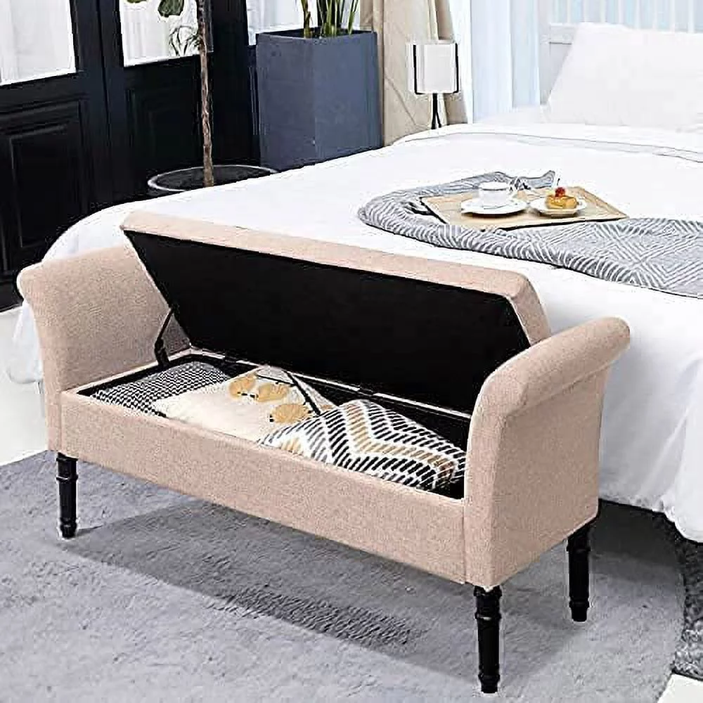 Andeworld Modern Fabric Storage Bench with Arms Button Tufted Footstool Ottoman Bench for Living Room Bedroom (Tan)