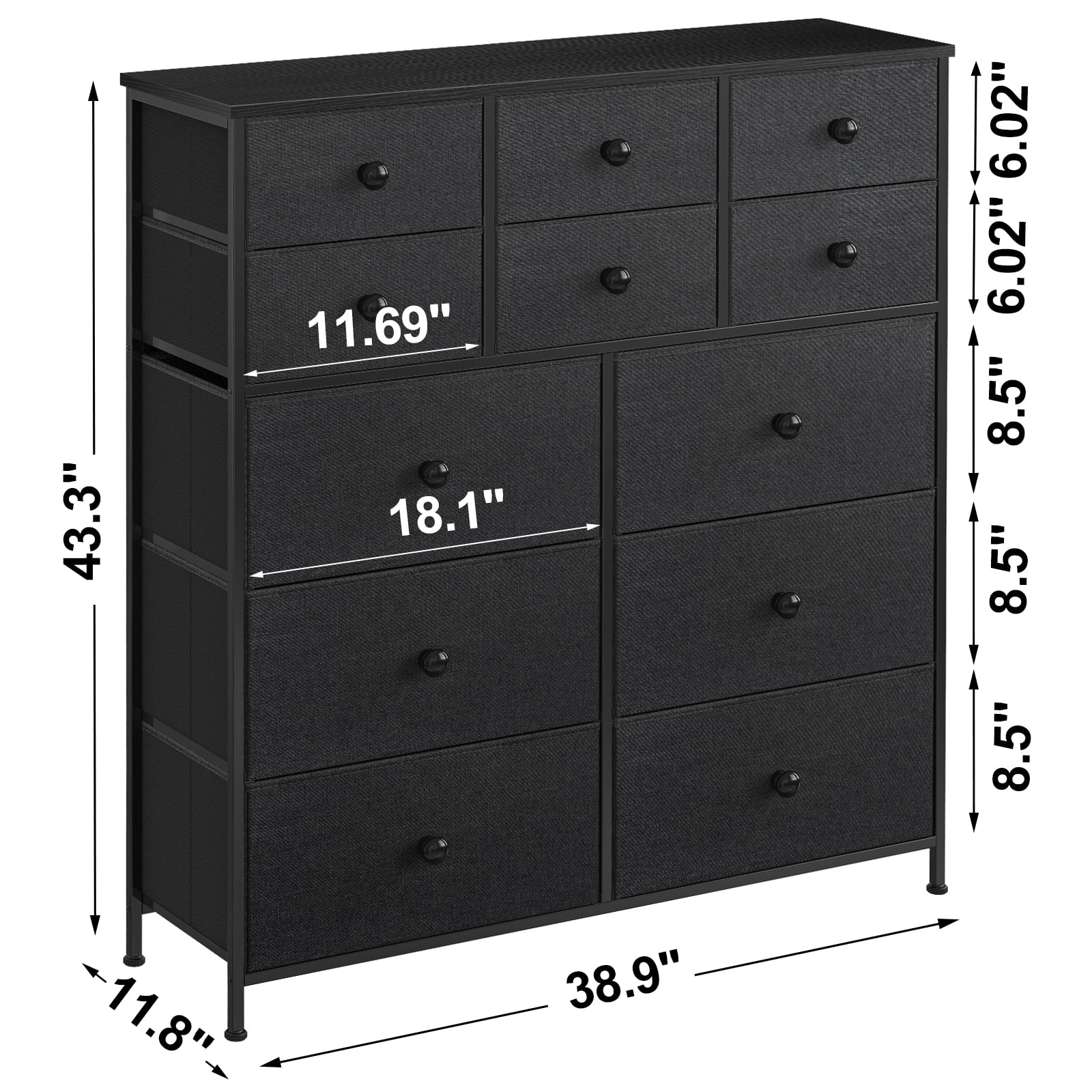 GUNAITO 12 Drawers Dresser Tall Dresser for Bedroom with Fabric Storage Vertical Dresser Organizer for Closet Living Room Hallway Nursery Black