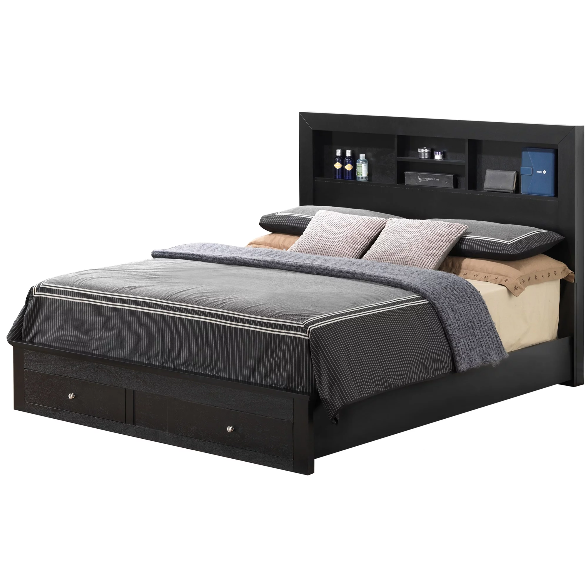 Passion Furniture Burlington Storage Platform Bed with Storage Drawers & Storage Shelves, Black - Queen Size