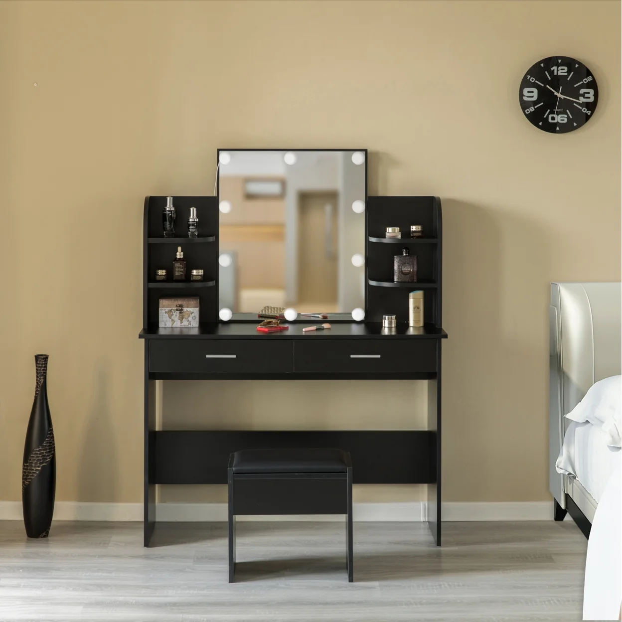 Modern Wooden Vanity Dressing Table With Two Drawers, Led Mirror and Stool