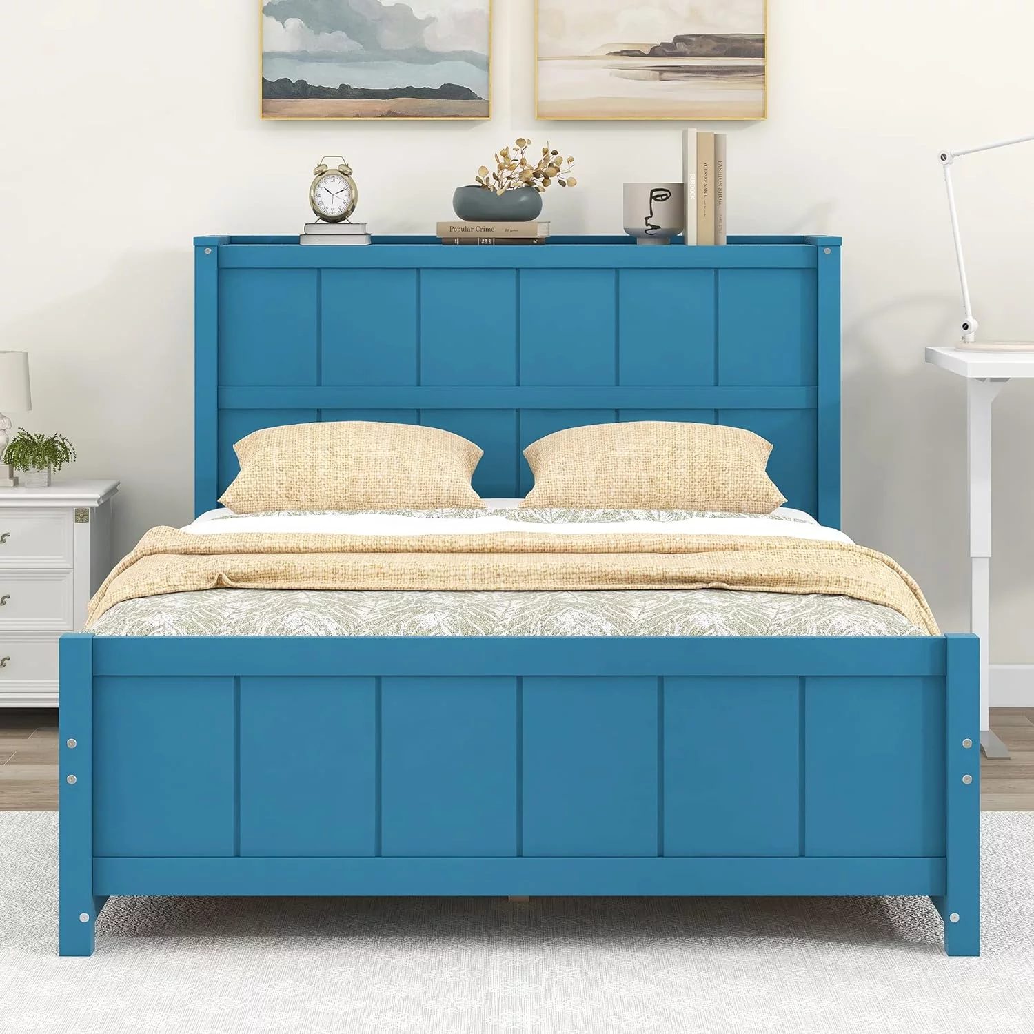 Full Size Platform Bed With Storage Drawer And Shelves,Wooden Full Bed Frame With Headboard And Footboard For Kids, Teens, Adults(Blue)
