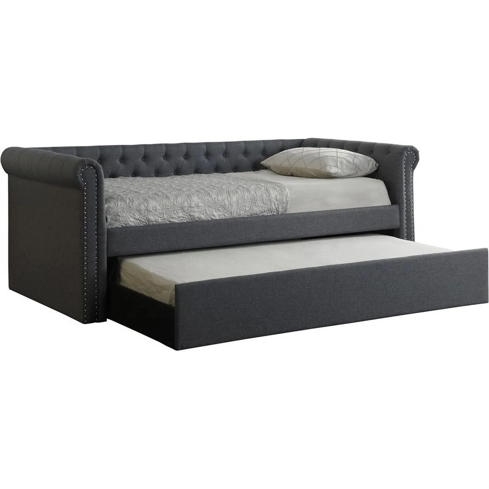 Bowery Hill Transitional Fabric Tufted Daybed with Trundle in Gray