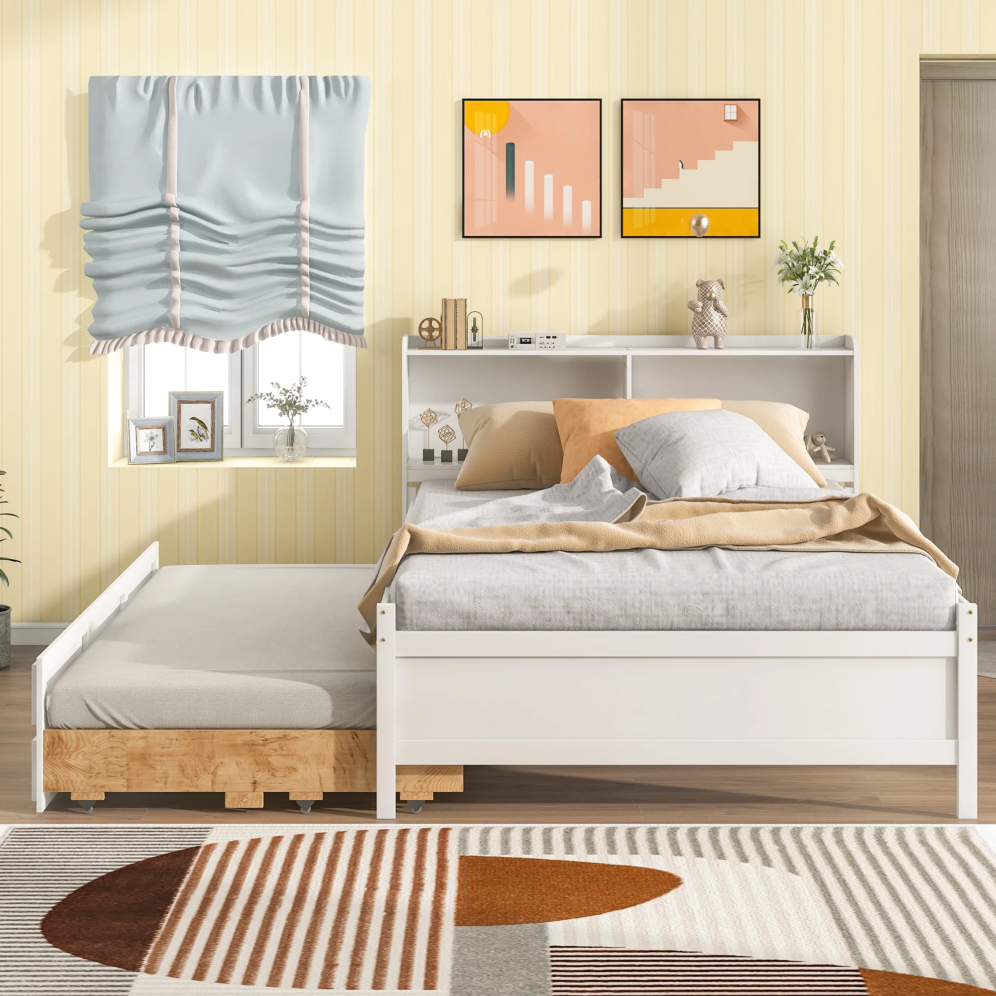 Bellemave Full Bed with Storage Drawers and Trundle, Wooden Twin Size Platform Bed with Bookcase Headboard, Twin Storage Bed and Trundle Bed for Kids Teens Adults (Full,White)