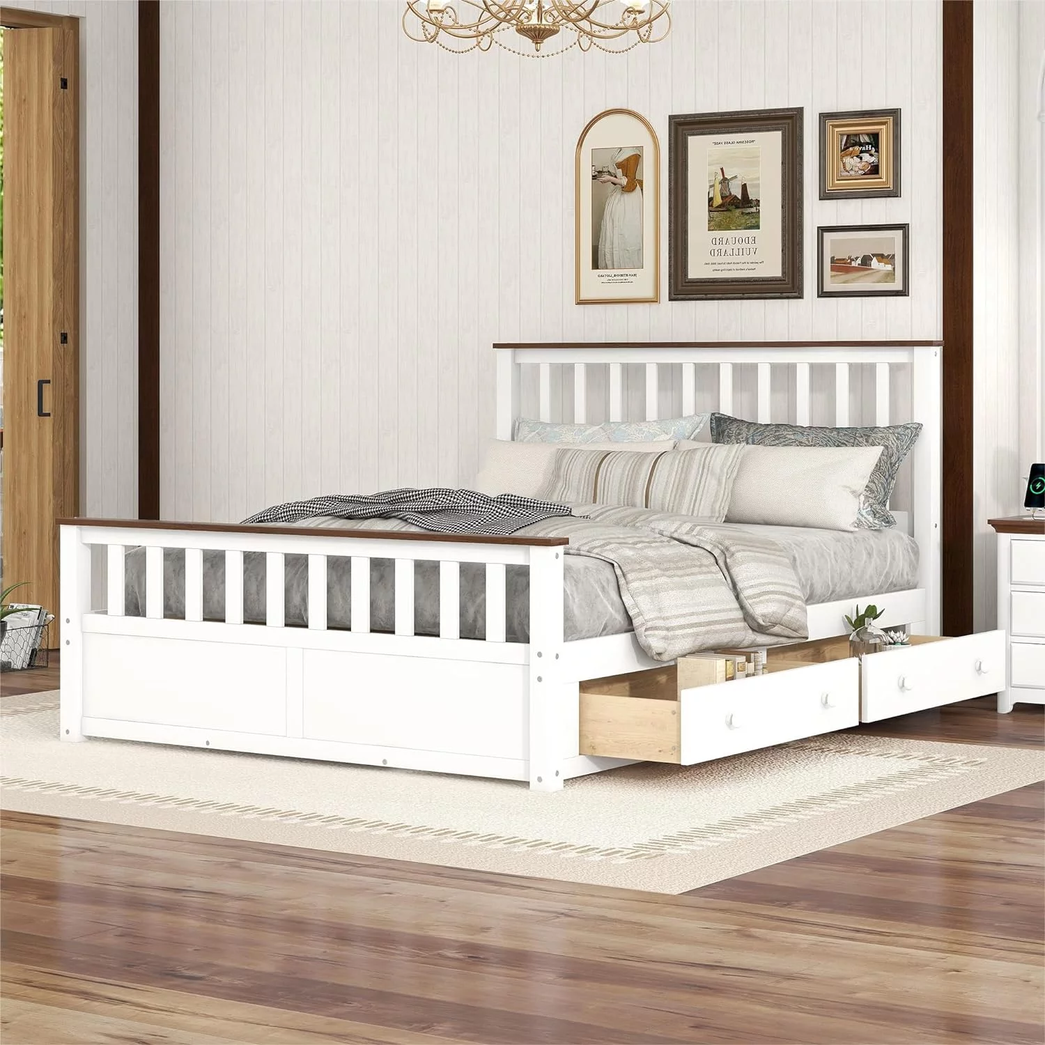Queen Storage Bed, Queen Size Platform Bed With 2 Drawers And Wooden Slat Support, No Box Spring Needed (White+Walnut)