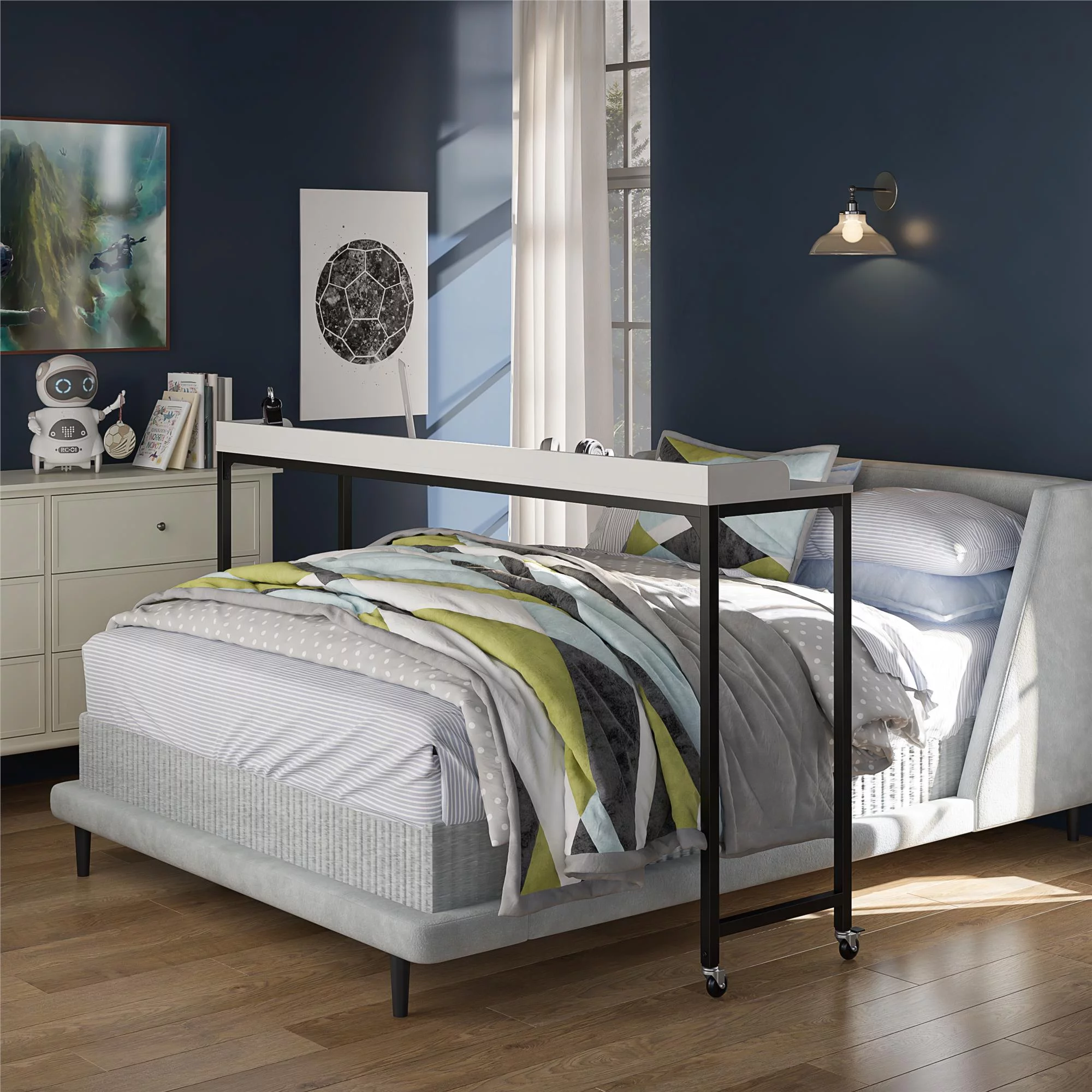 Ameriwood Home Pine Hill Adjustable Height Over-The-Bed Desk with Castors, White