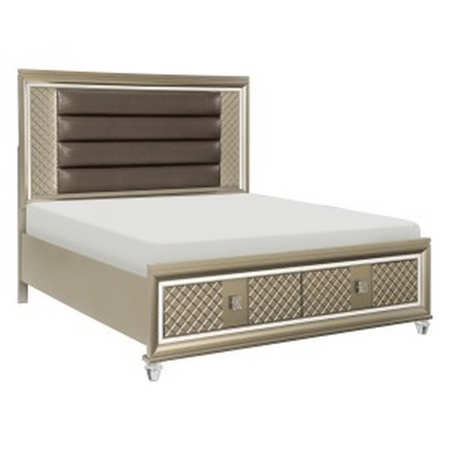 Benjara Queen Platform Bed with LED Light Headboard, Storage Footboard, Bronze