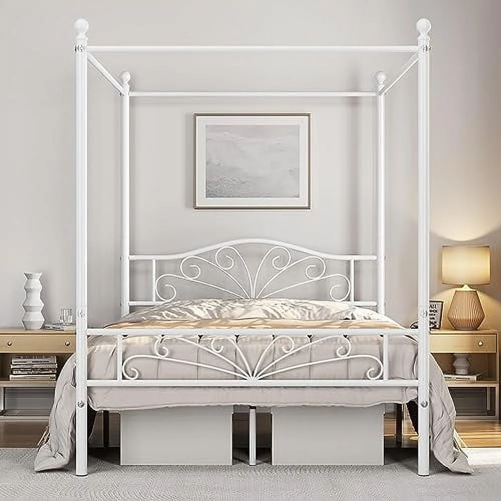 xrboomlife Full Graceful Metal Canopy Platform Bed Frame with Four Poster Design Arched Headboard Sturdy Metal Flats Support Underbed Space Ball Finals White