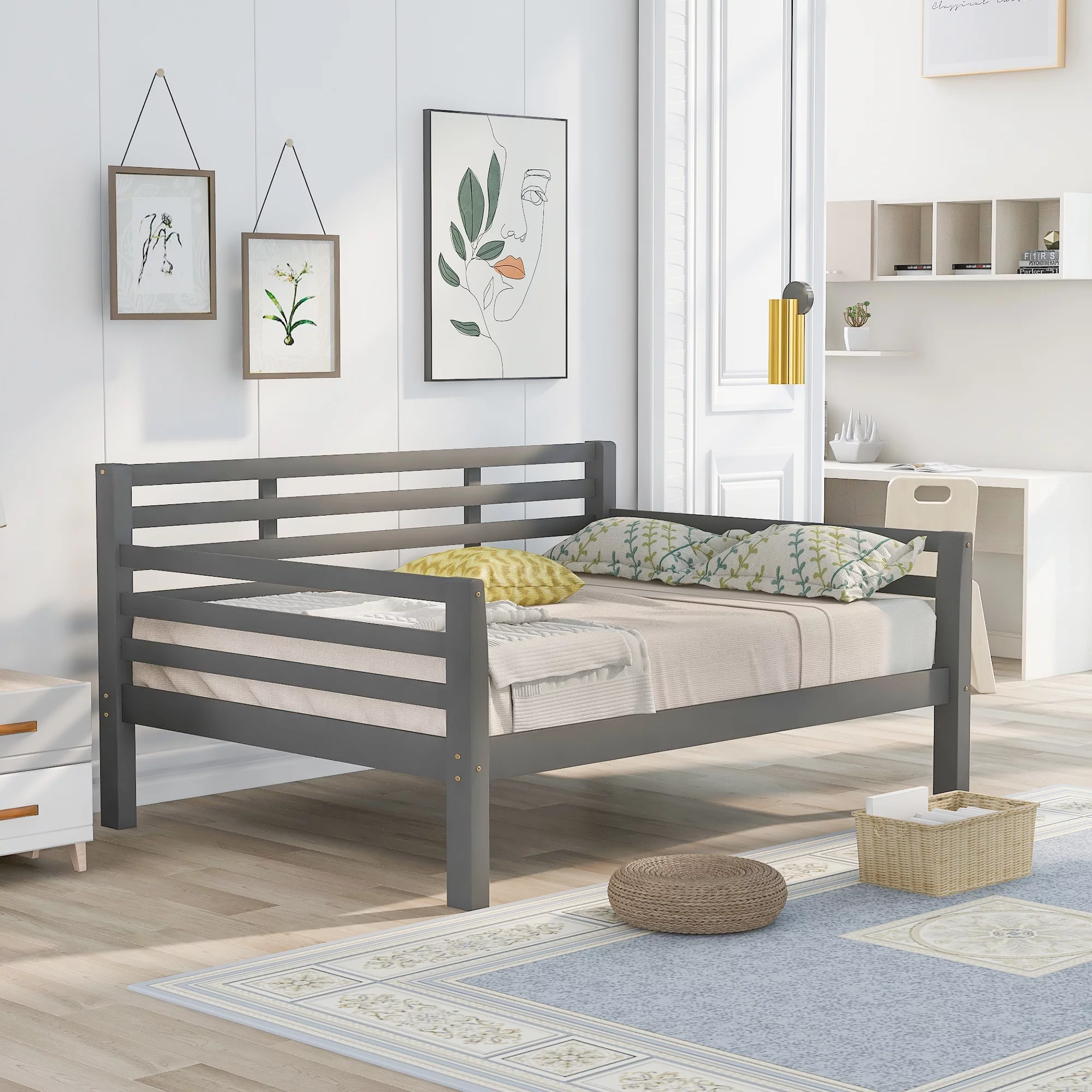 Euroco Pine Wood Storage Daybed, Full for Kids Bedroom, Gray