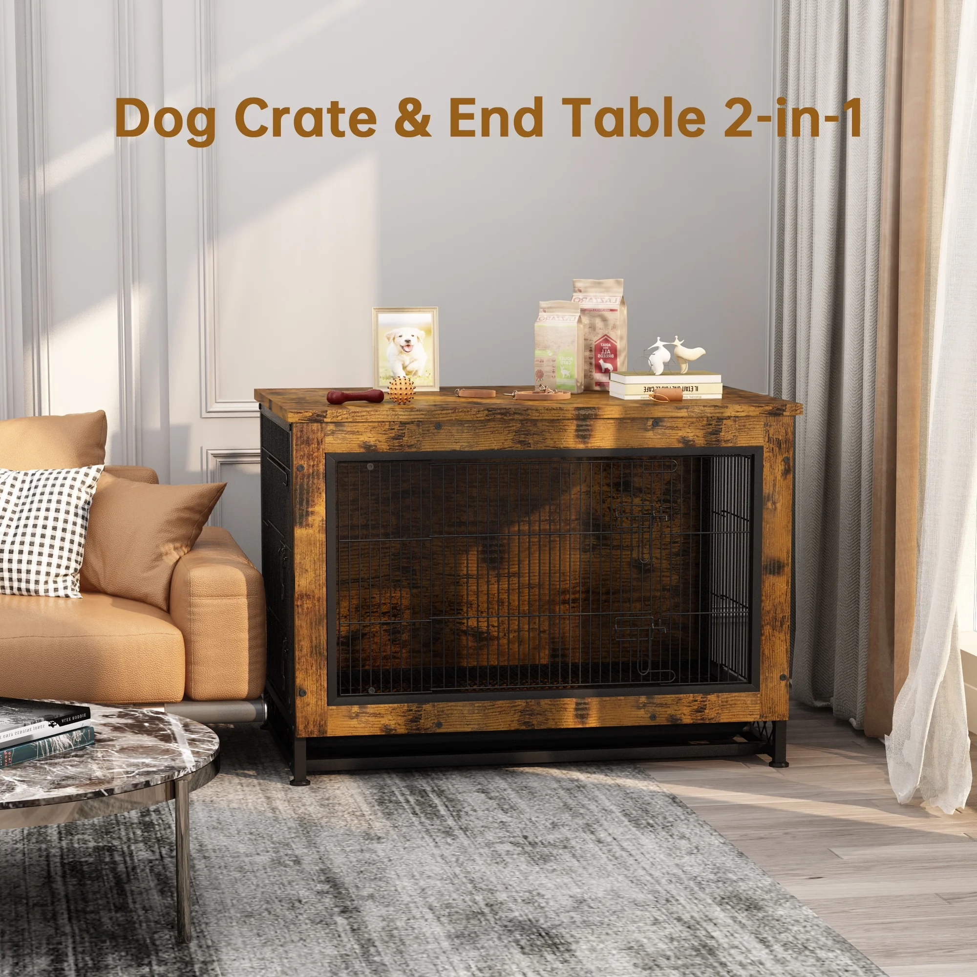 AWQM Dog Crate, 3 Door Dog Kennel, Wooden Pet Furniture with Pull-Out Tray, Home and Indoor Side Table for Small to Large Dog, 38.6