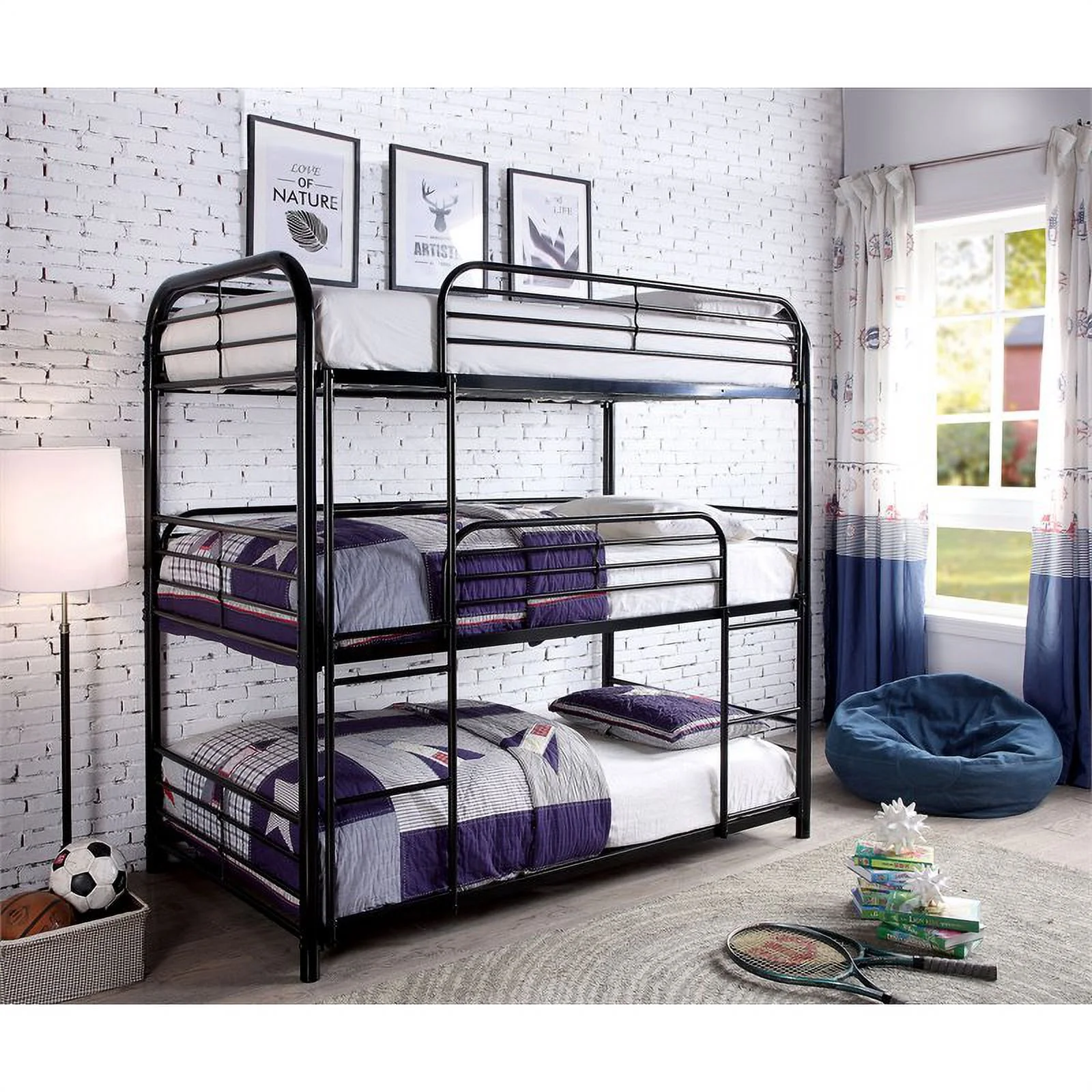 Bowery Hill Modern Twin Triple Metal Bunk Bed in Black