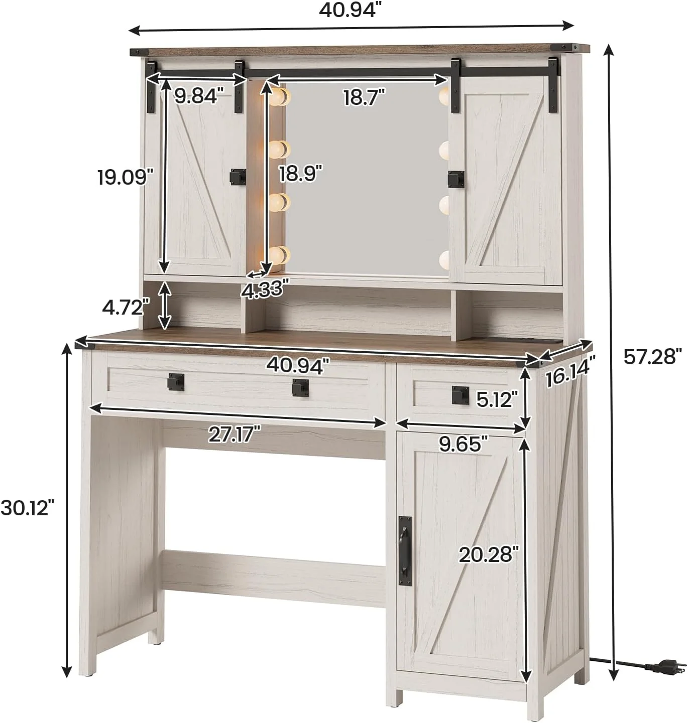 Afuhokles Vanity with Mirror and Light, Vanity Desk with Charging Station and Storage Shelves, Farmhouse Vanity Table with Jewelry Hooks, White