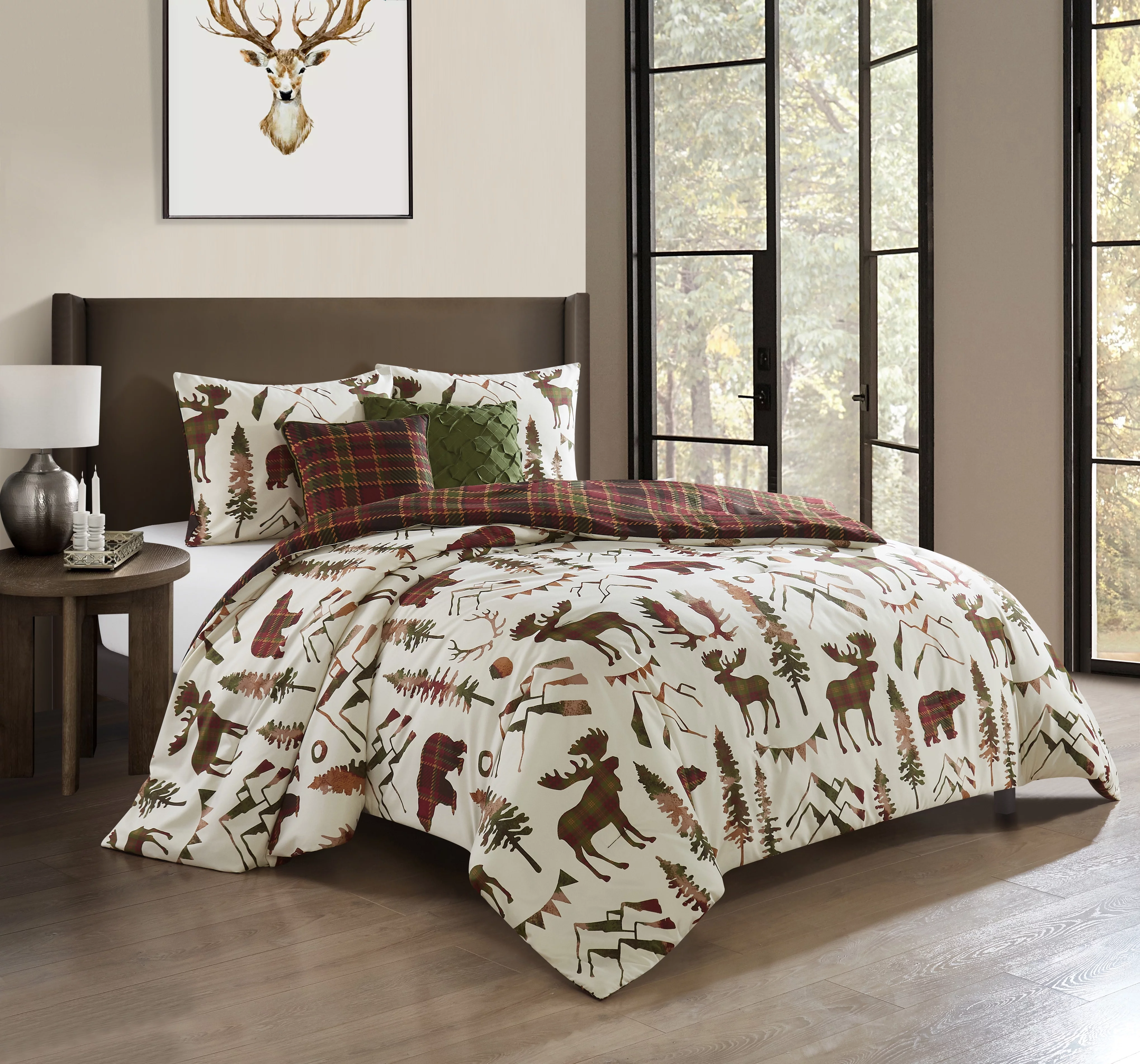 Lanco Peltzer Pine 5-Piece Reversible Bedroom Bedding Comforter Set, Bed Size King, Multicolor White Green Beige Red, 100% Polyester Fill