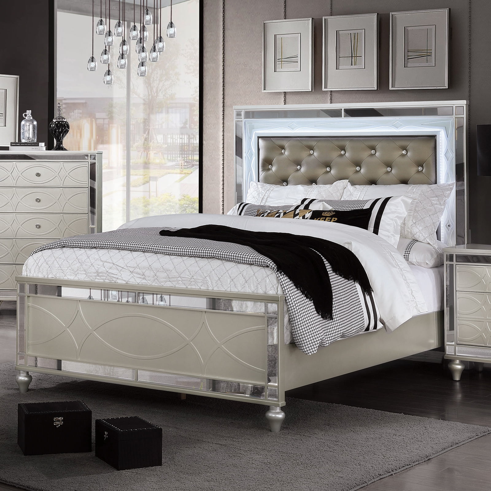 Silver Solid wood Headboard Footboard Eastern King Size Bed Set 1pc Tufted Leatherette Mirror Trim w LED Bedroom Furniture