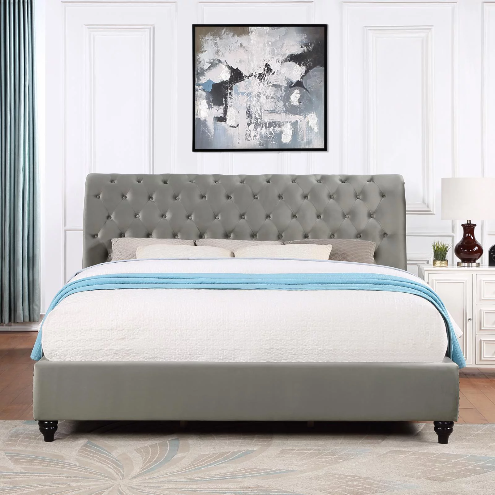 Roundhill Furniture Cerderia Velvet Tufted Nailhead Sleigh Bed - King
