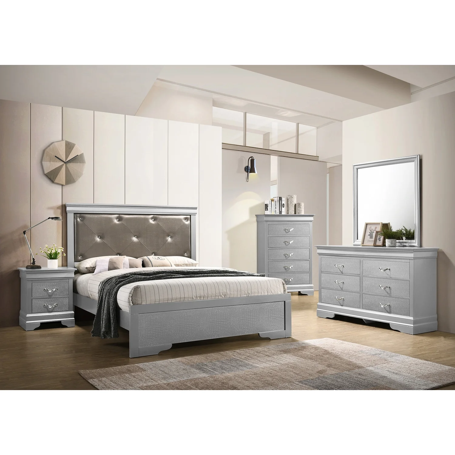 Passion Furniture PF-G6500B-TB2 Lorana Panel Beds - Silver Champagne & Black, Twin Size