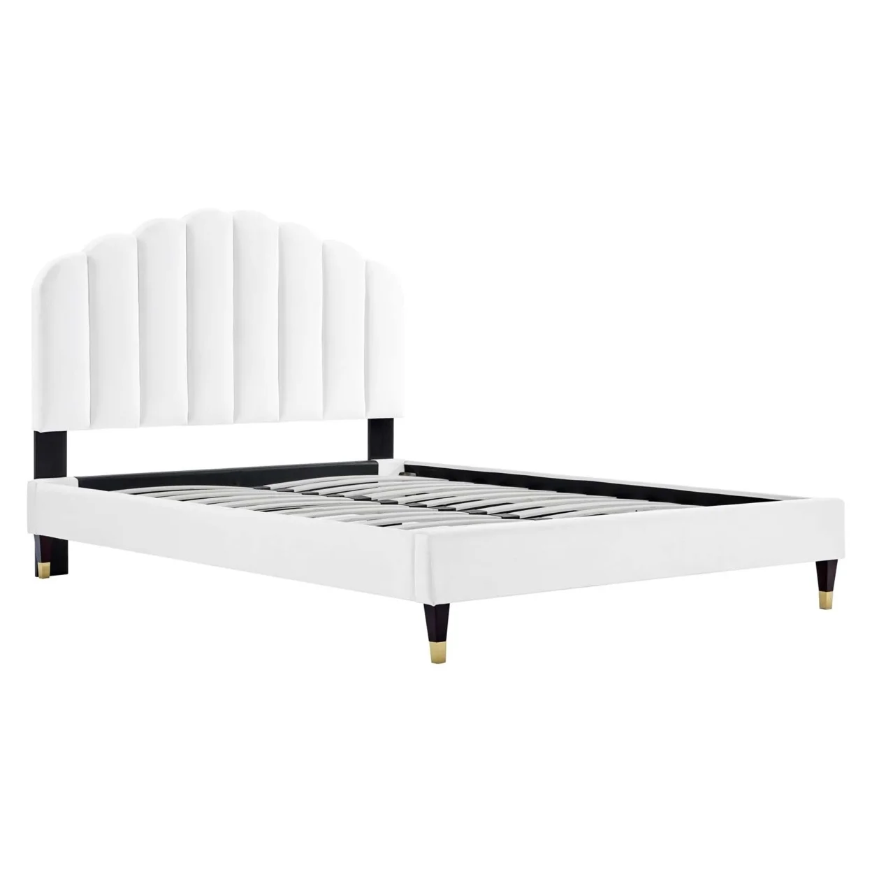 Channel Tufted Queen Bed with Gold Sleeve Wood Leg White Saltoro Sherpi