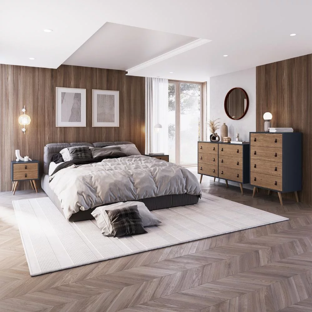 Manhattan Comfort Amber Nightstand with Faux Leather Button Handles in Blue and Nature (Set of 2)