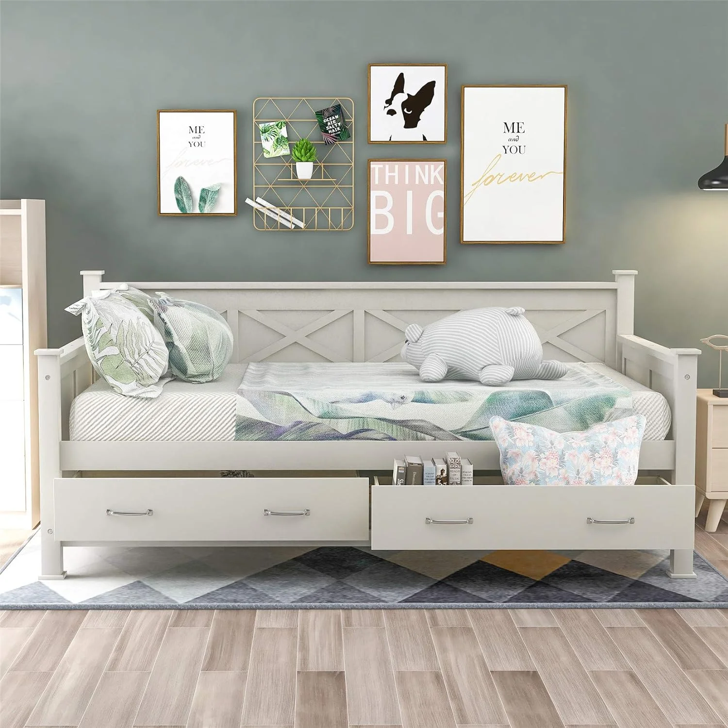 Daybed With Drawers, Wood Storage Daybed With 2 Storage Drawers, Wooden Platform Bed Great For Kids Guests Sleepovers (Cream With Drawers)