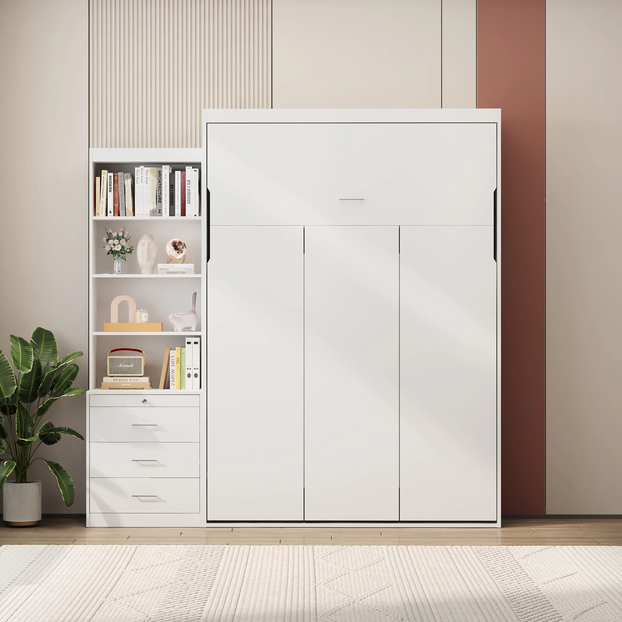 CoSoTower Morden Deisgn Full Size Vertical Murphy Bed with Shelf and Drawers for Bedroom Or Guestroom White Wall Bed Space Saving Hidden Bed with New Style Gas Struts