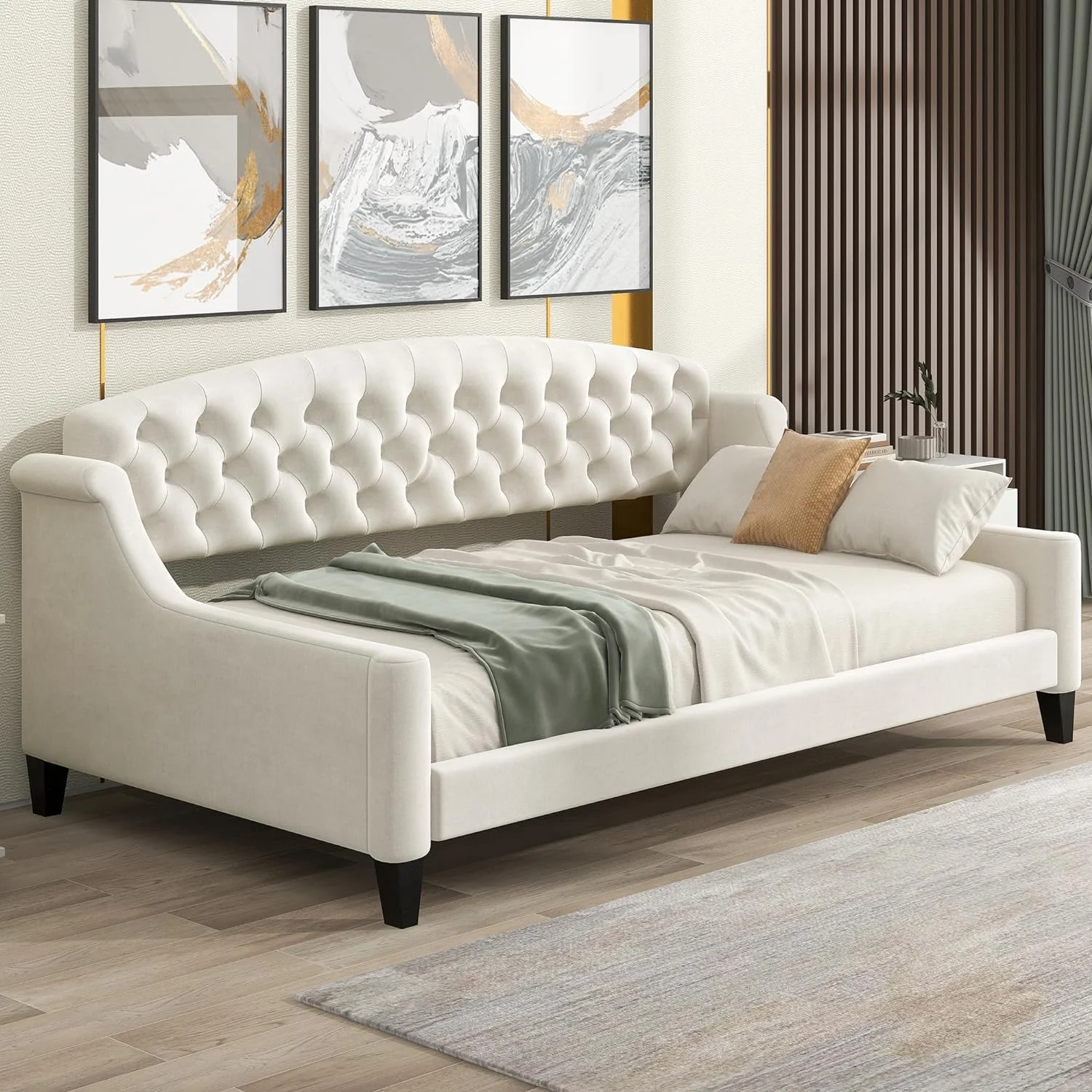 Size Luxury ufed Buo Upholsered Daybed Frame, Sofa Bed For Bedroom Livig Room, Beige