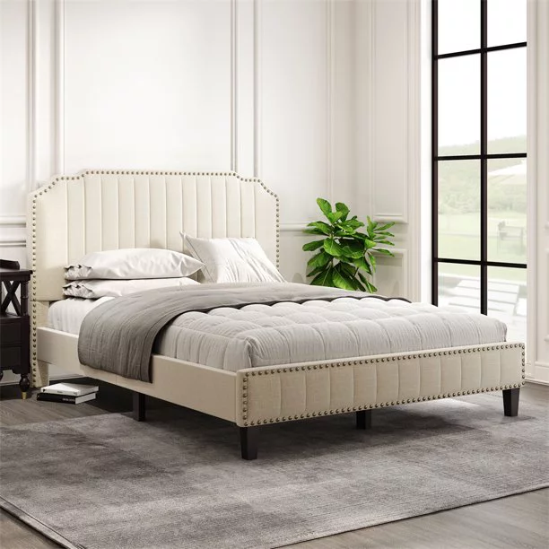 AyLzy Modern Bedroom Furniture Linen Curved Upholstered Platform Upholstered Beds with Solid Wood Frame and Nailhead Trim,Cream (Full)