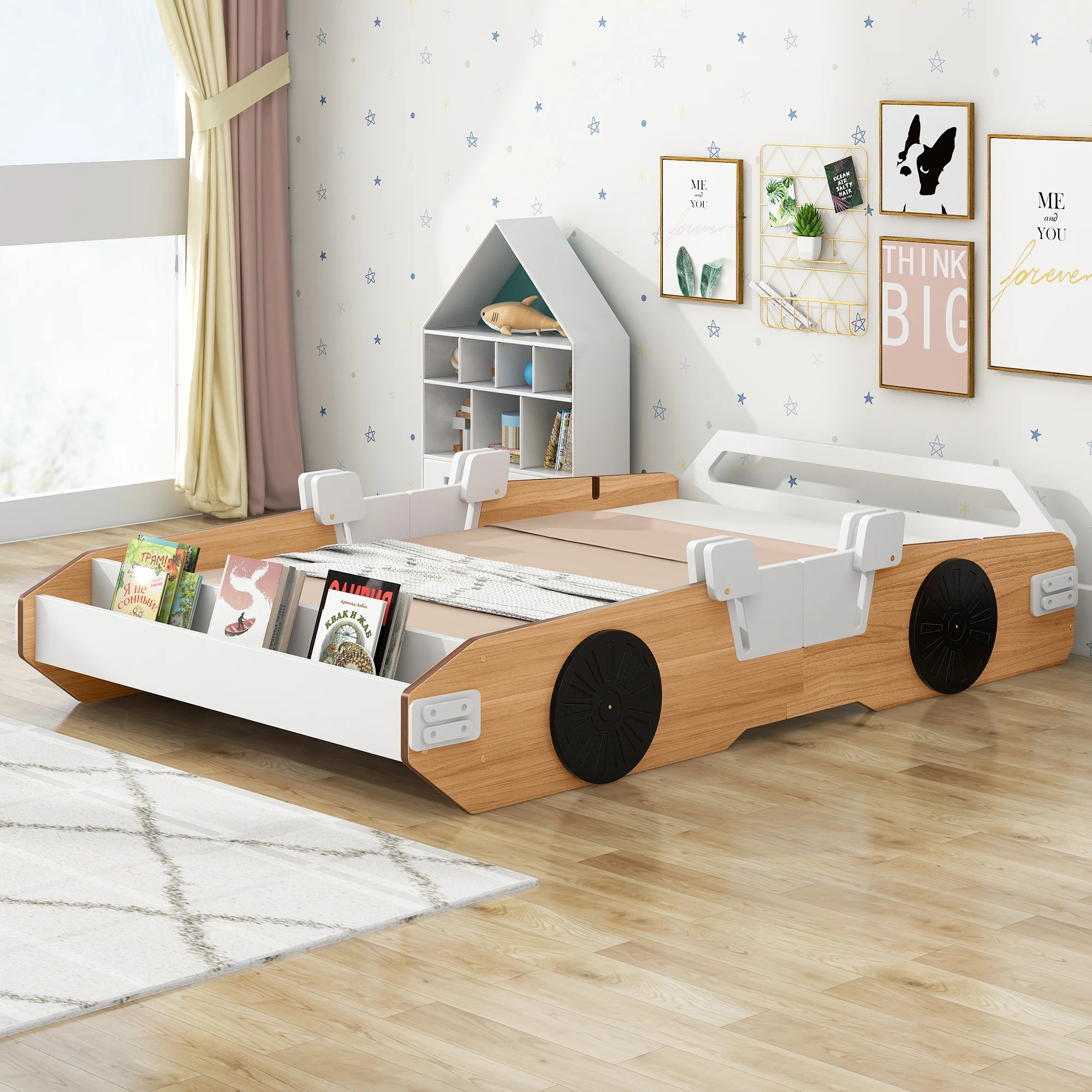 Race Car Bed for Kids Twin Size Car Bed with Door Design and Storage Drawers in Natural+White+Black