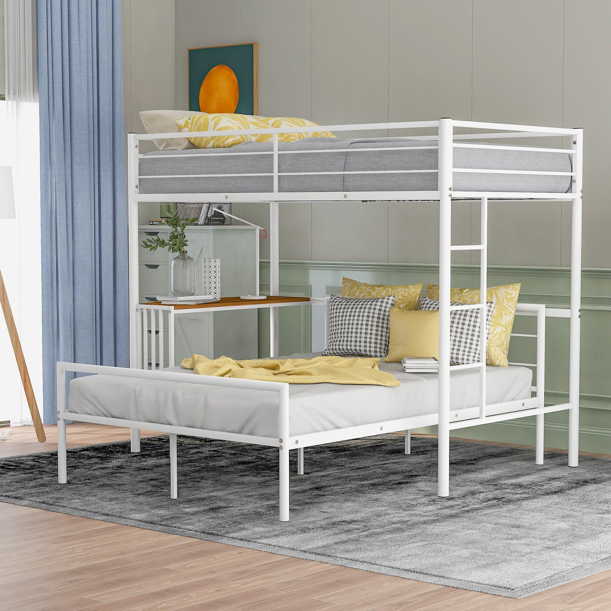 Nestfair Twin Over Full Metal Bunk Bed with Desk and Ladder White