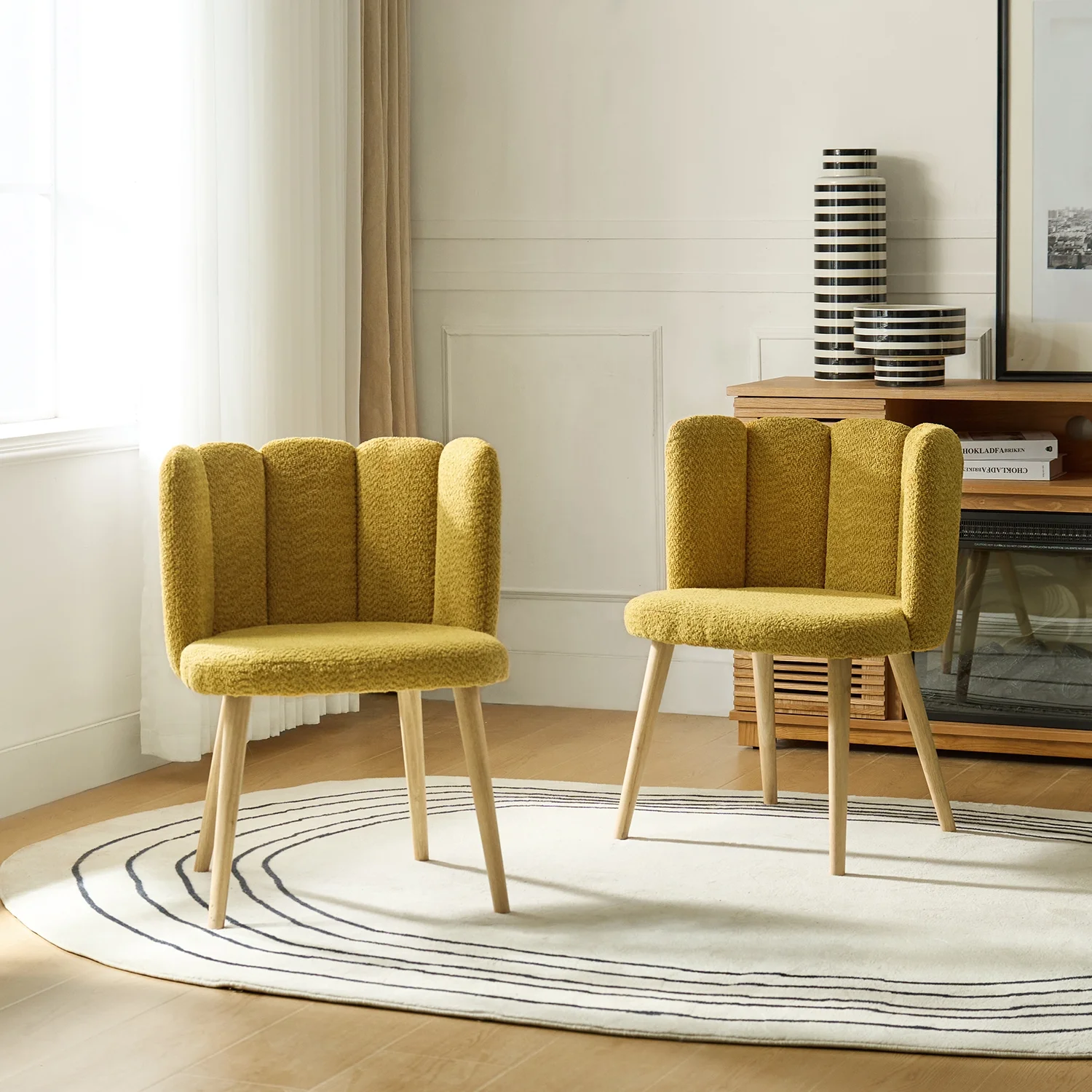 Sherpa Accent Side Chair Set of 2 Tufted Back Dining Chair Wood Legs Vanity Living Bedroom Home Kitchen Mustard