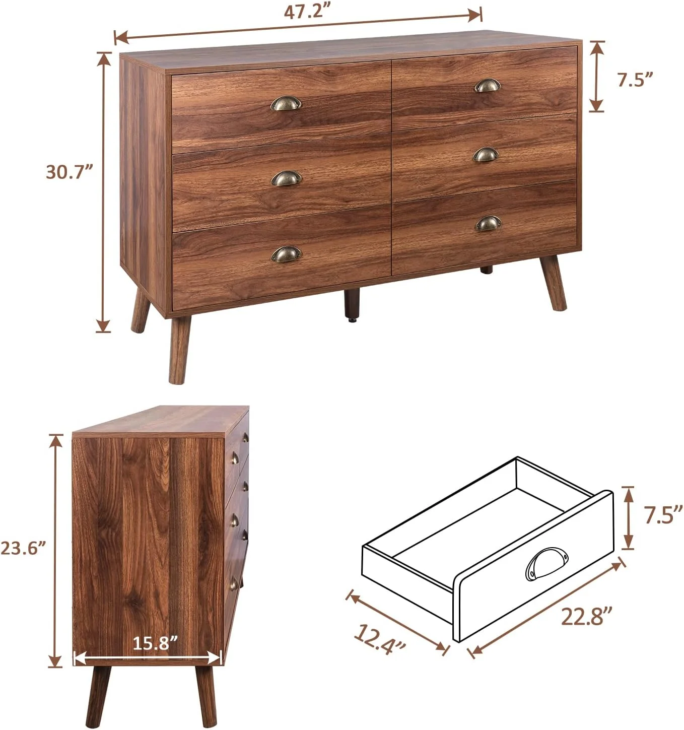 Popular Mid-Century Dresser 6 Drawer Dresser for Bedroom Modern Walnut Dresser with Metal Handle Wood Dresser Chest of Drawers for Living Room Hallway