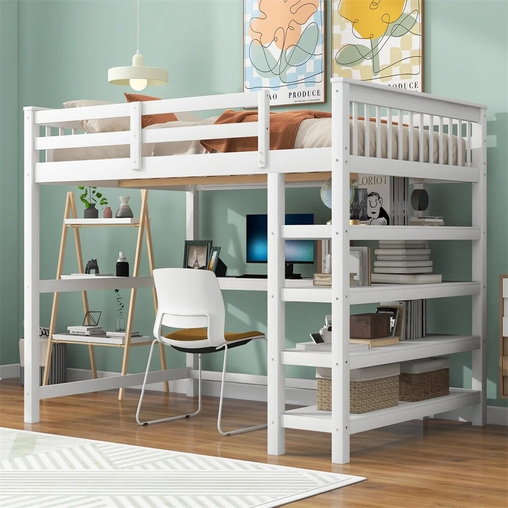 MERAX  Loft Bed with Storage Shelves and Under-bed Desk White Full