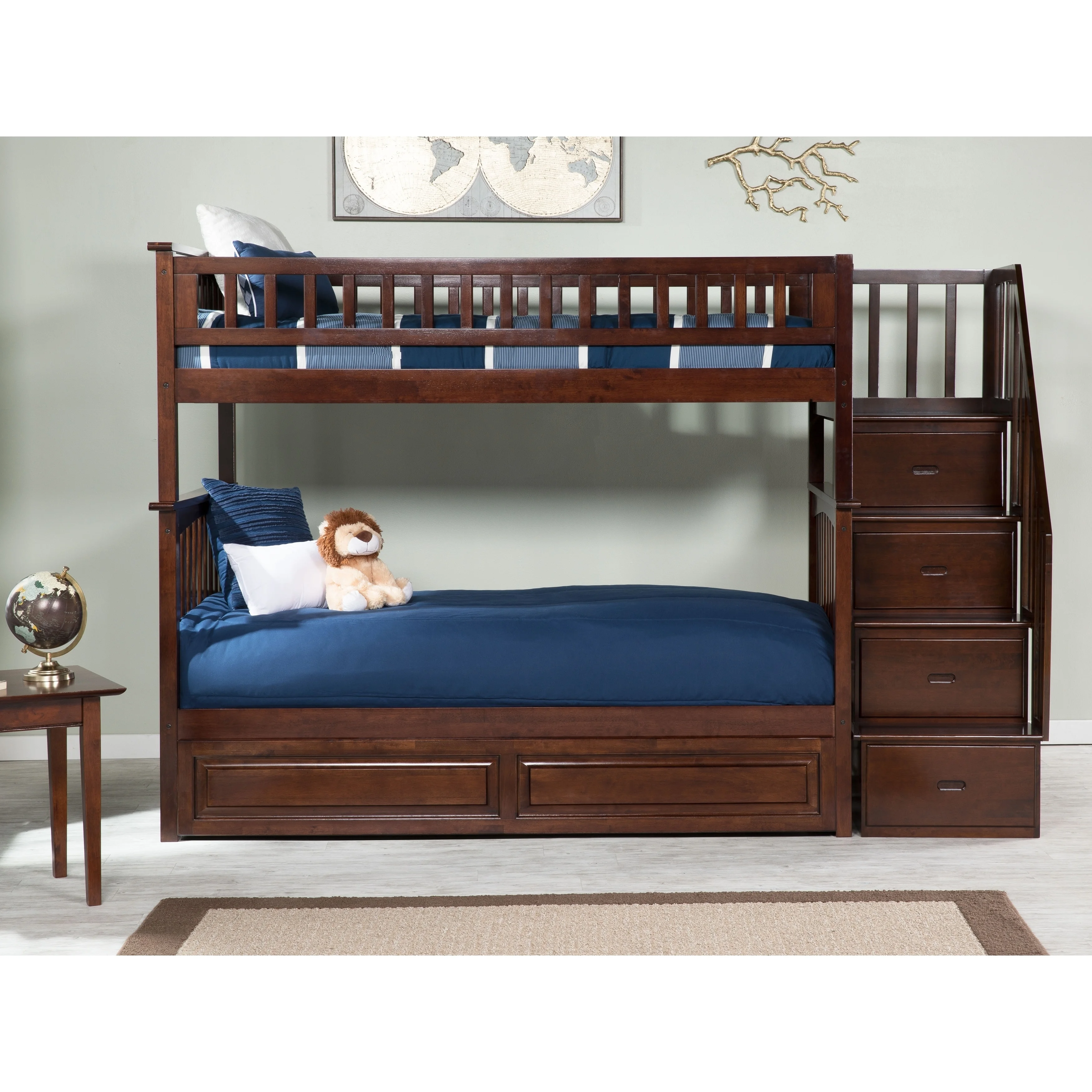 AFI Columbia Staircase Bunk Bed Twin over Twin with Twin Trundle in Walnut