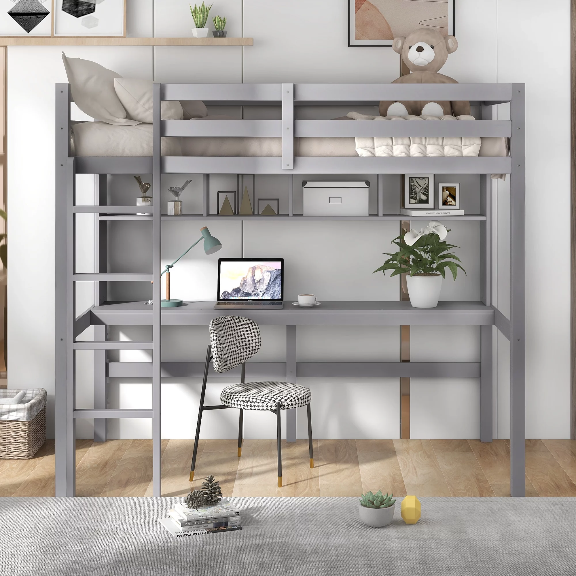 Euroco Wood Twin Size Loft Bed with Desk and Shelves for Kids Room, Solid Bed with Underbed Storage and Study Desk and Shelf, Gray