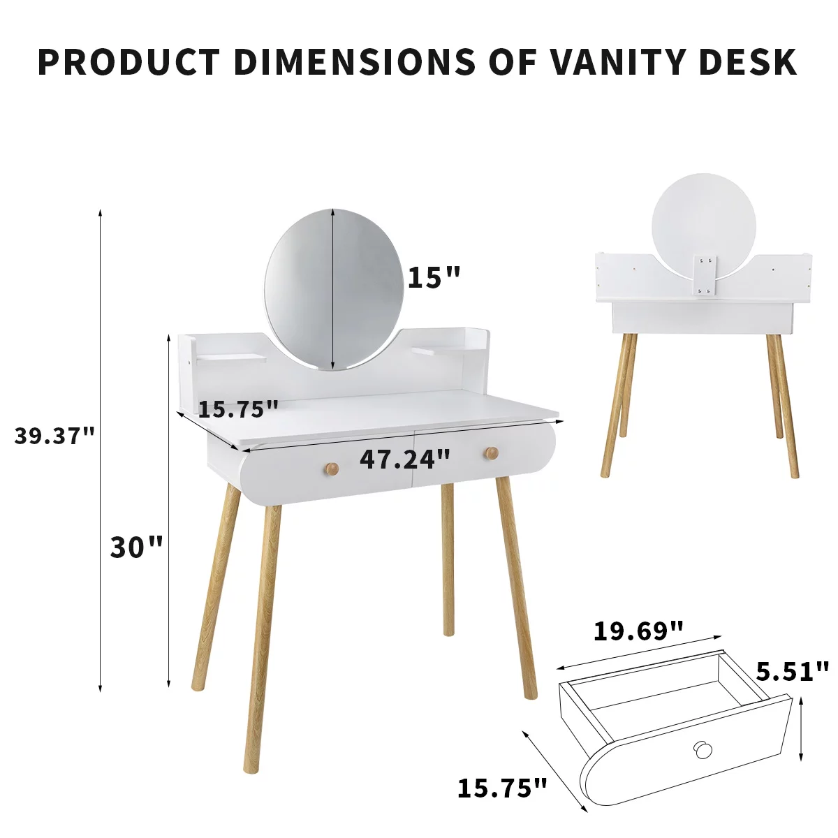 Modern Vanity Table Makeup Desk, 2 Drawers and 4 Shelves for Bedroom White(Without Stool and LED)