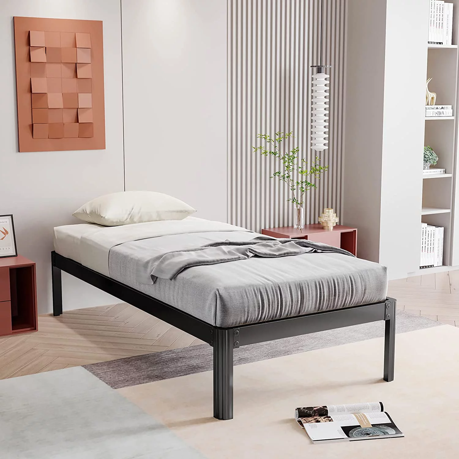 YINCHEN 14 inch Twin XL Bed Frame with Round Corner and Cylinder-shaped Leg, Support 3000 lbs Heavy Duty Non-slip Metal Platform Bed Frames No Box Spring Needed, Noise-Free Mattress Foundation, Black