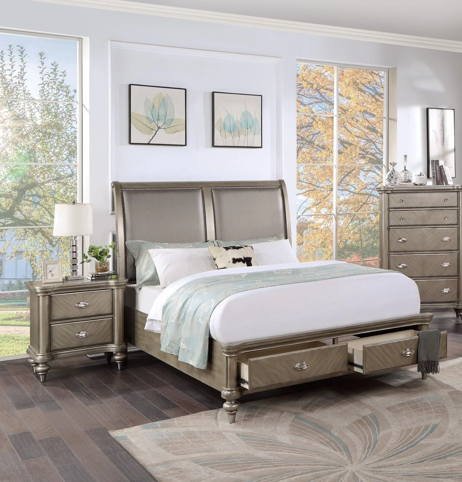 Queen Size Bed And 2x Nightstands Grey Finish Bedroom Furniture 3pc Set Gorgeous Classic Luxury Wooden Veneer