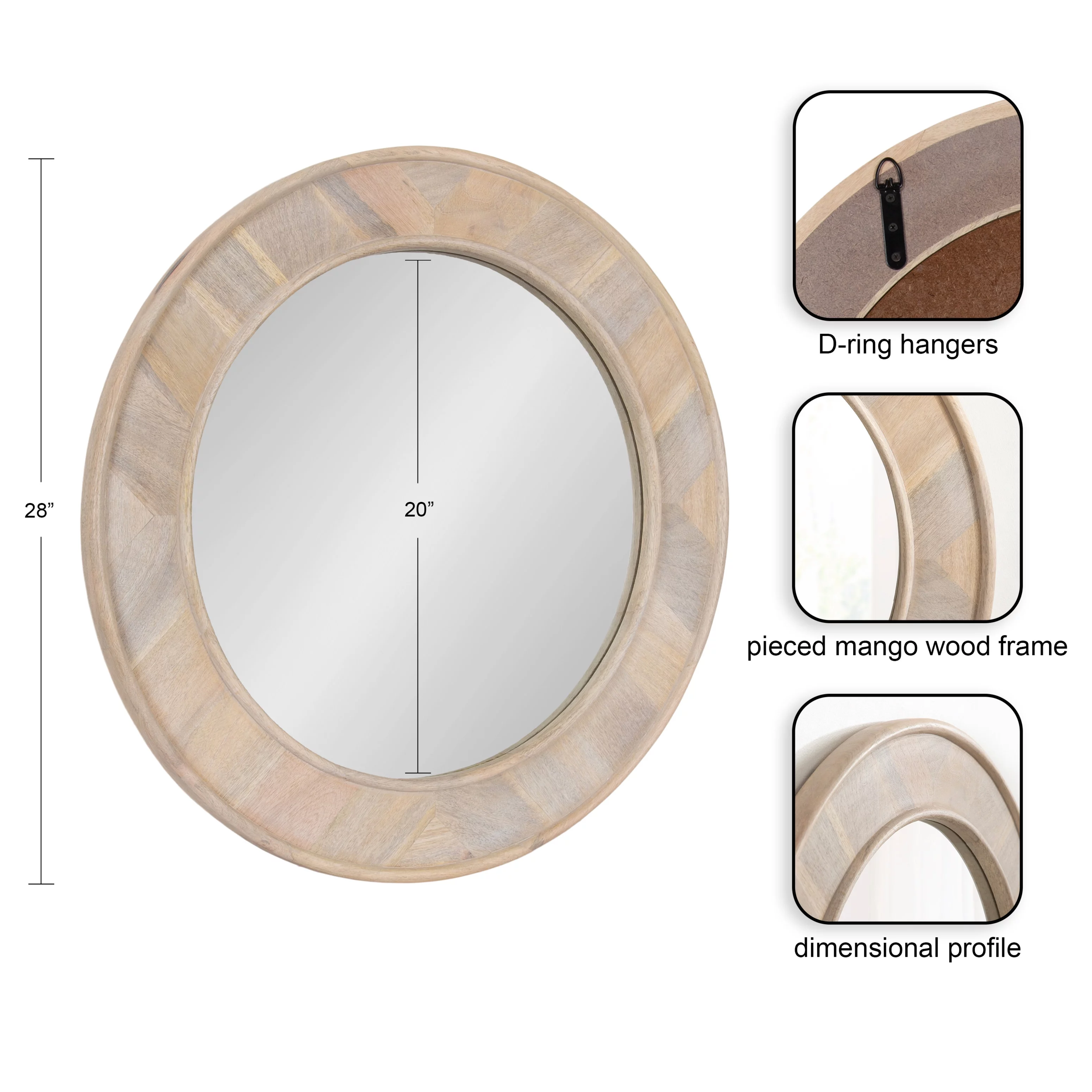 Kate and Laurel Yahna Pieced Wood Modern Round Wall Mirror, 28 Inch Diameter, Whitewash, Coastal Decorative Circle Mirror with Solid Mango Wood Frame
