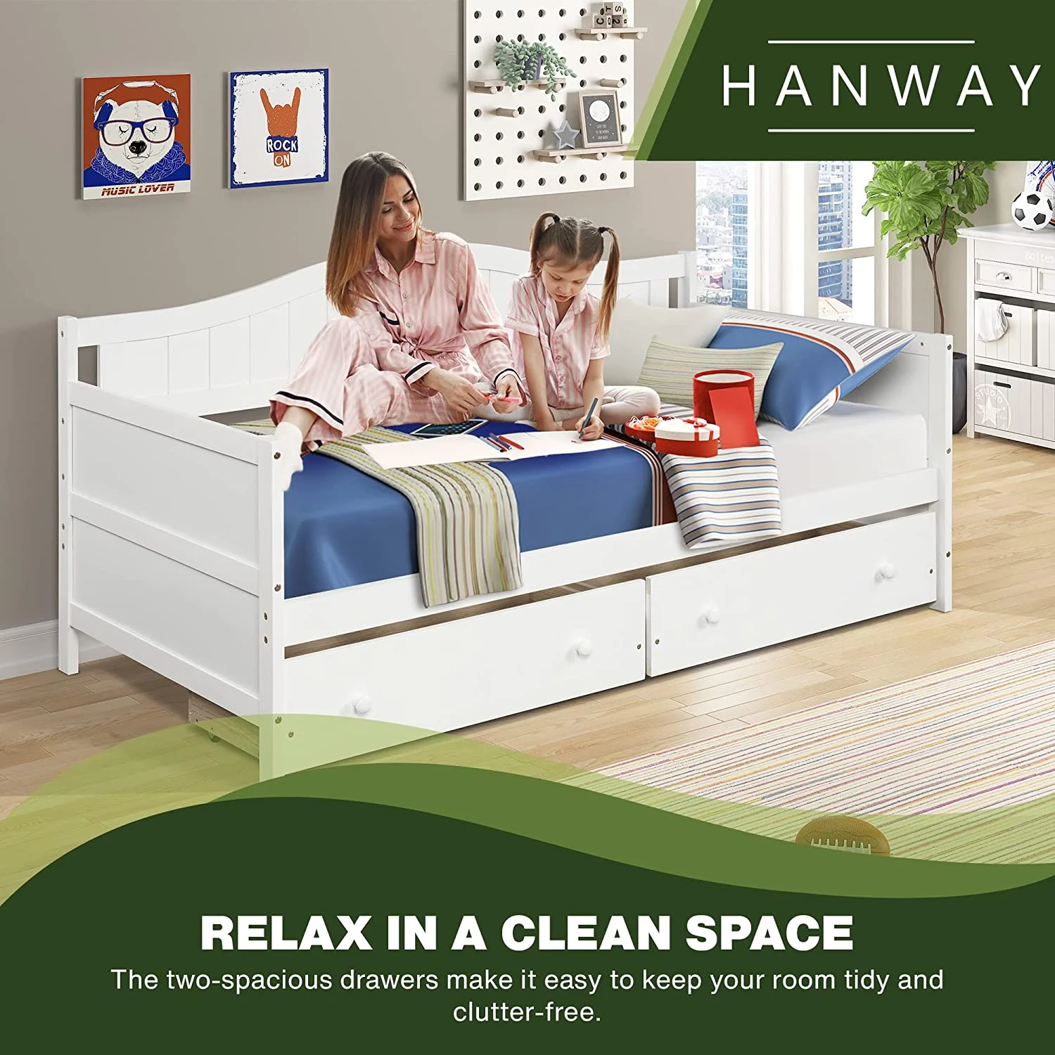 Twin Daybed with Two Drawers \u2013 Solid Pine Wood Frames \u2013 Bedroom Furnishings with Additional Storage Spaces \u2013 Durable Design for Longer Service \u2013 Stylish White Paint Co