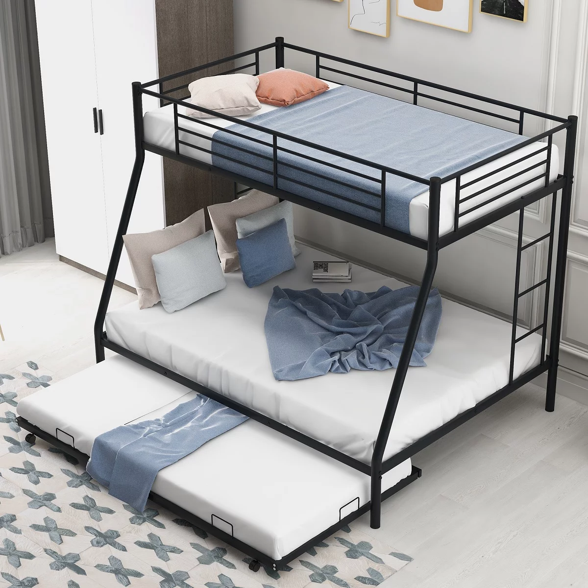 Twin-Over-Full Bunk Bed with Twin Size Trundle Modern Style Bed with Two-Side Ladders Classic Metal Bunk Bed for Bedroom, Dorm, Boys, Girls, Adults