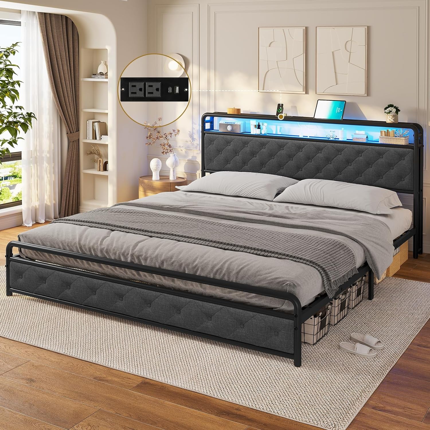 Tiptiper King Size Bed Frame, Storage Headboard with Charging Station, Linen Fabric Upholstered Platform Bed, Linen Gray