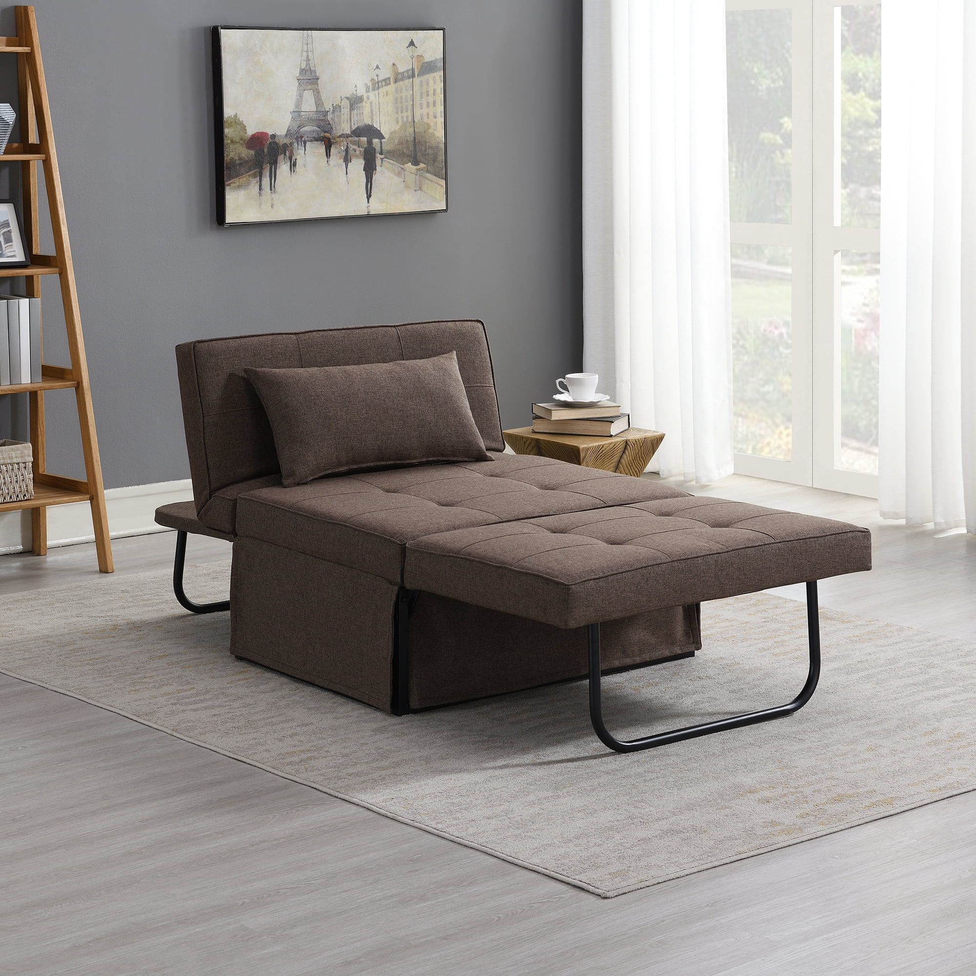 Ottomanson 4-in-1 Ottoman Convertible Sofa Bed Sleeper Chair with Pillow and Adjustable Headrest for Living Room, Brown