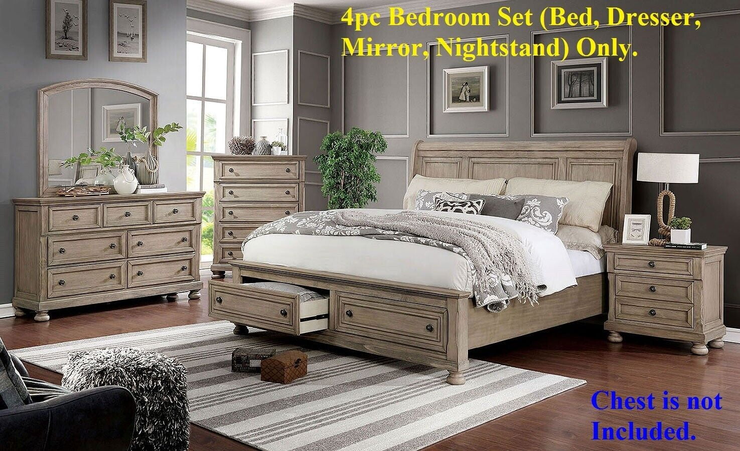Transitional Style Gray Finish Solid wood Bedroom 4pc Set California King Size Bed Dresser Mirror Nightstand Furniture