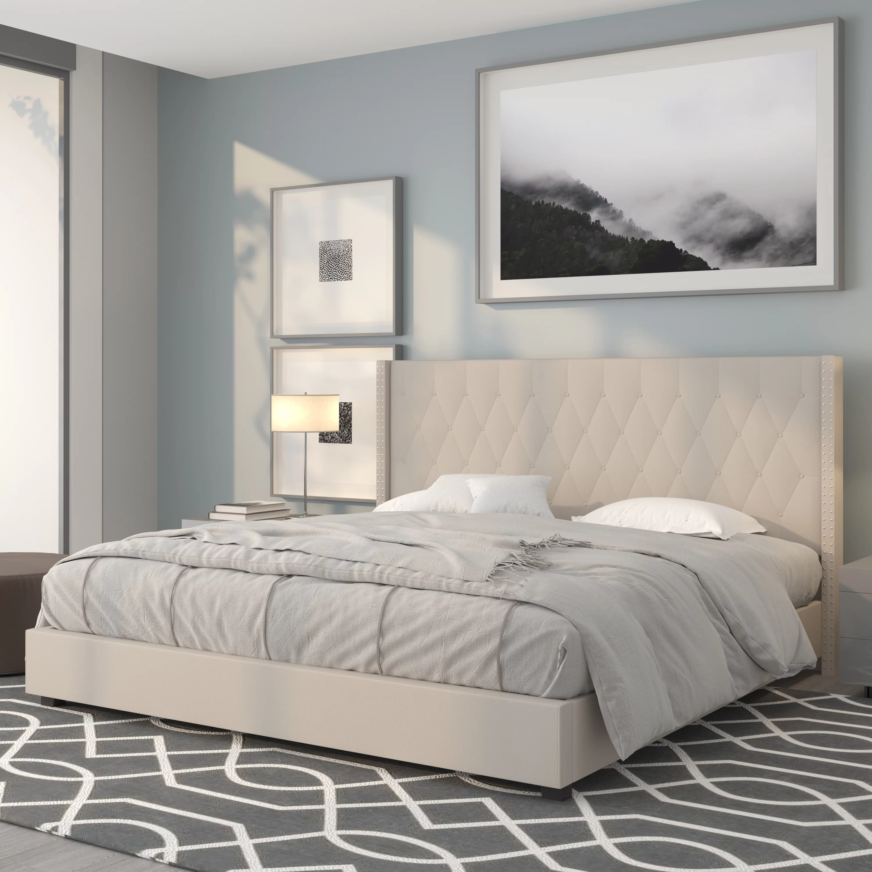 BizChair King Size Tufted Upholstered Platform Bed with Accent Nail Trimmed Extended Sides in Beige Fabric